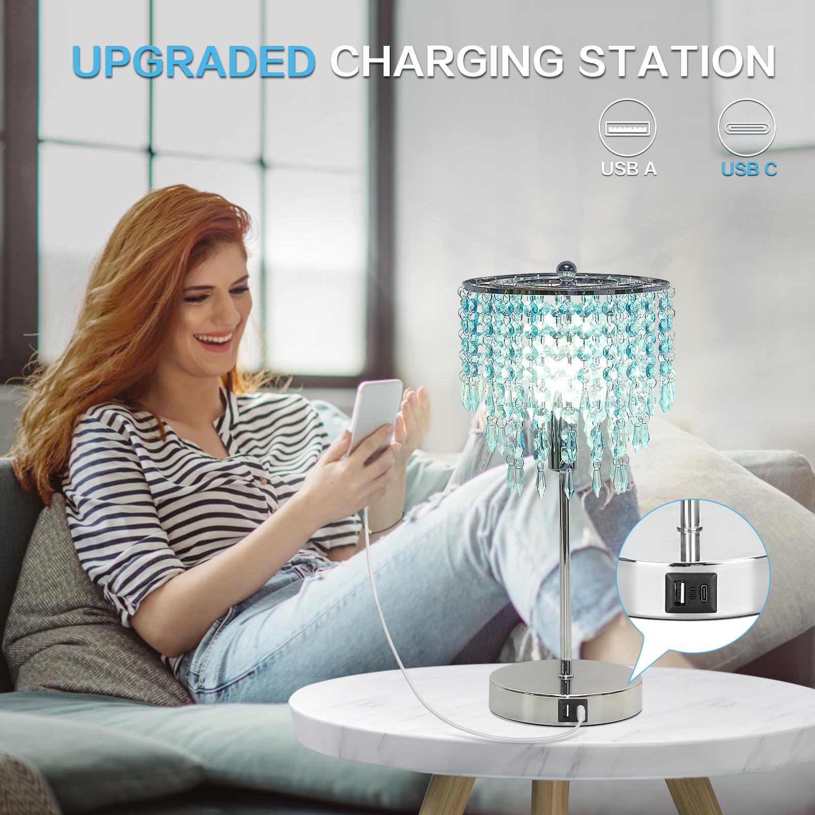 Touch Control Crystal Table Lamp, Usb Bedside Lamp For Bedroom, 3-Way Dimmable Nightstand Lamp With Elegant Teal Shade, Modern D