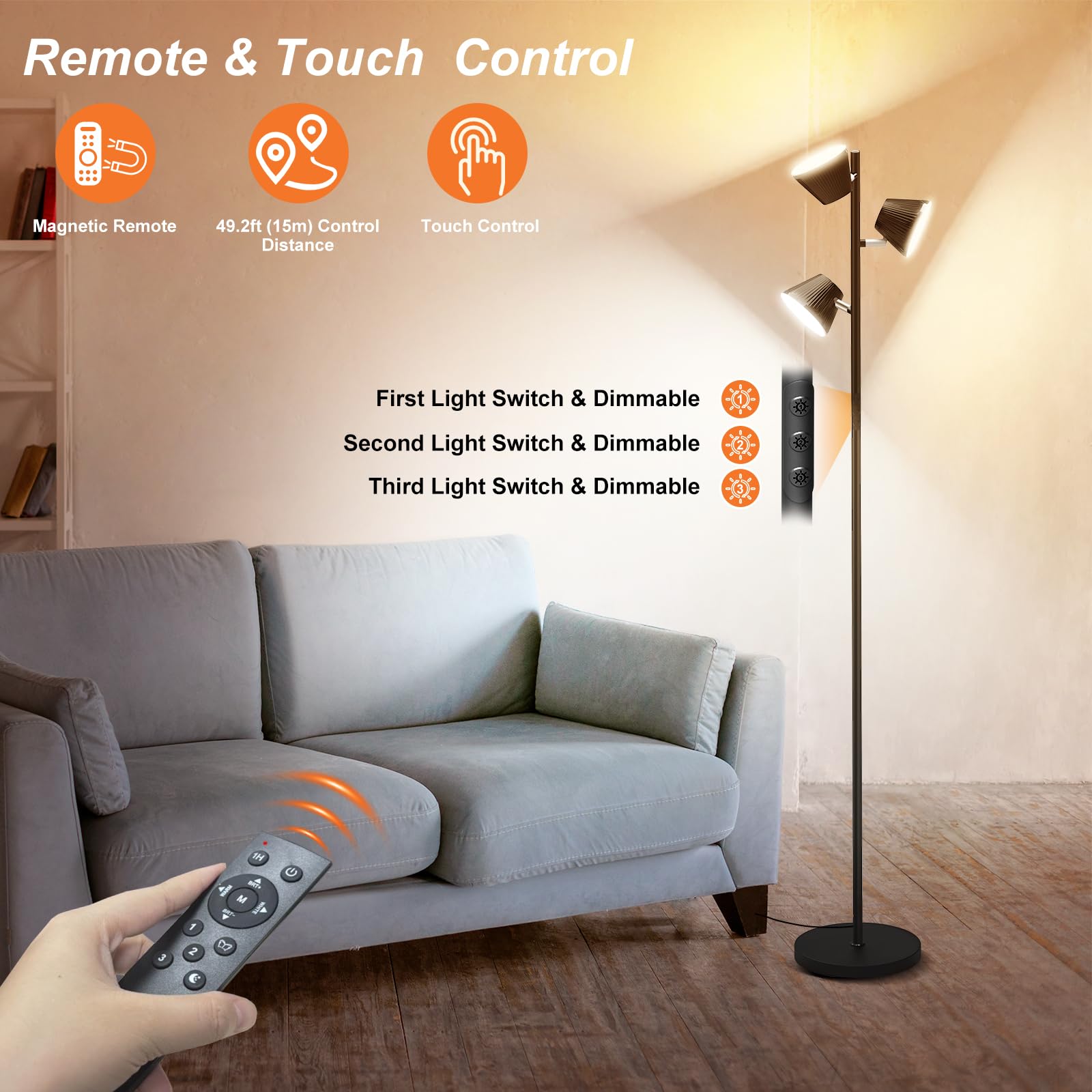 Pesken [2025 New] 42W Led Tree Floor Lamp, Modern Dimmable Standing Lamp With Remote Touch Control, 4 Color Temperatures, 3 Rota
