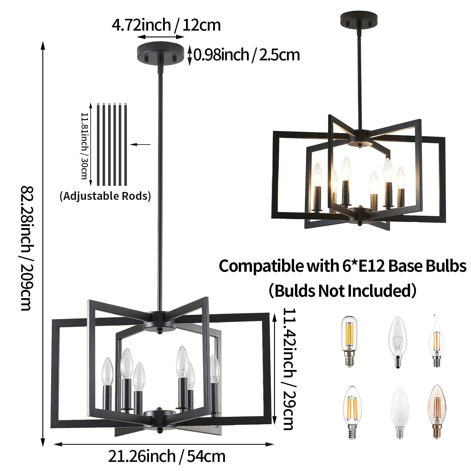 MIAYBPH Black 6-Light Industrial Chandelier, Geometric Metal Fixture for Dining Room, Living Room, Kitchen (E12 Bulbs Not Included)
