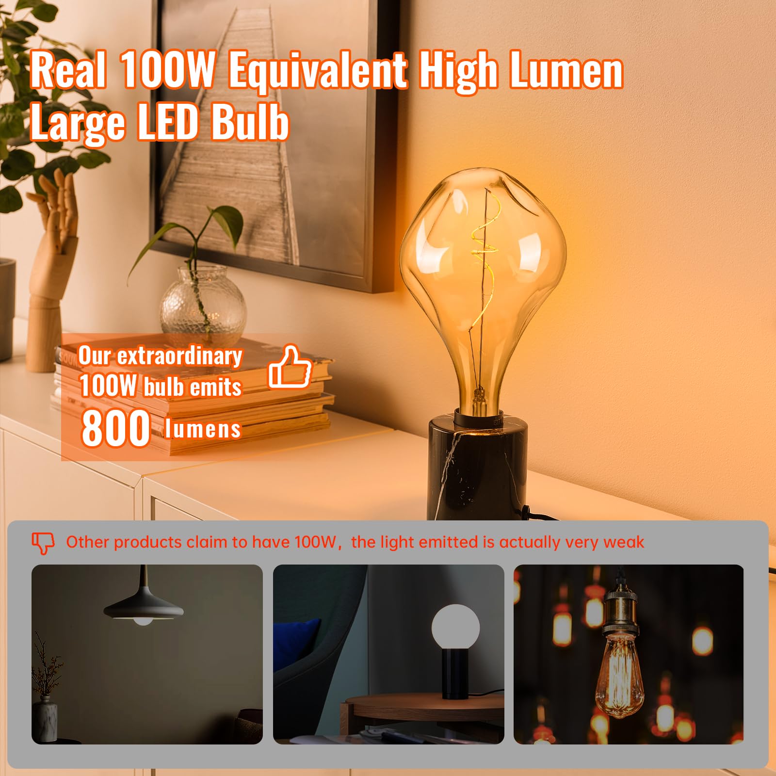 OMED Large Edison Bulb 100W Amber Dimmable 2200K Warm White 8W Vintage E26 Base, Unique Irregular Design, Pack of 1