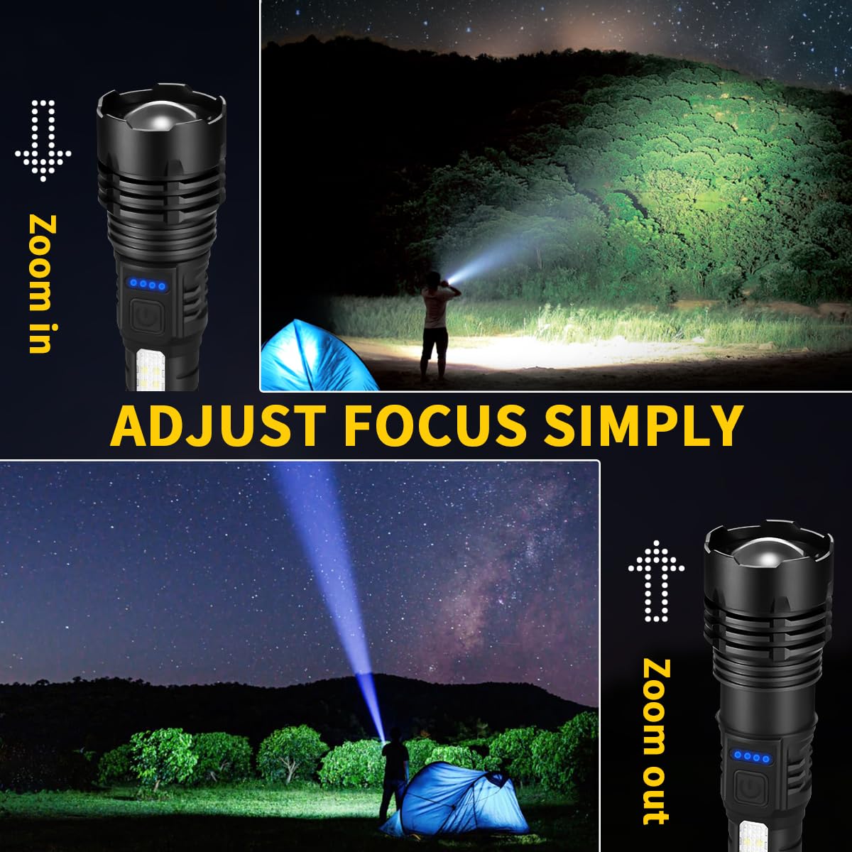 Rechargeable Flashlights High Lumens, 7Mode Flashlights Rechargeable, Super Bright Flashlight, Adjustable Tactical Flashlight, H