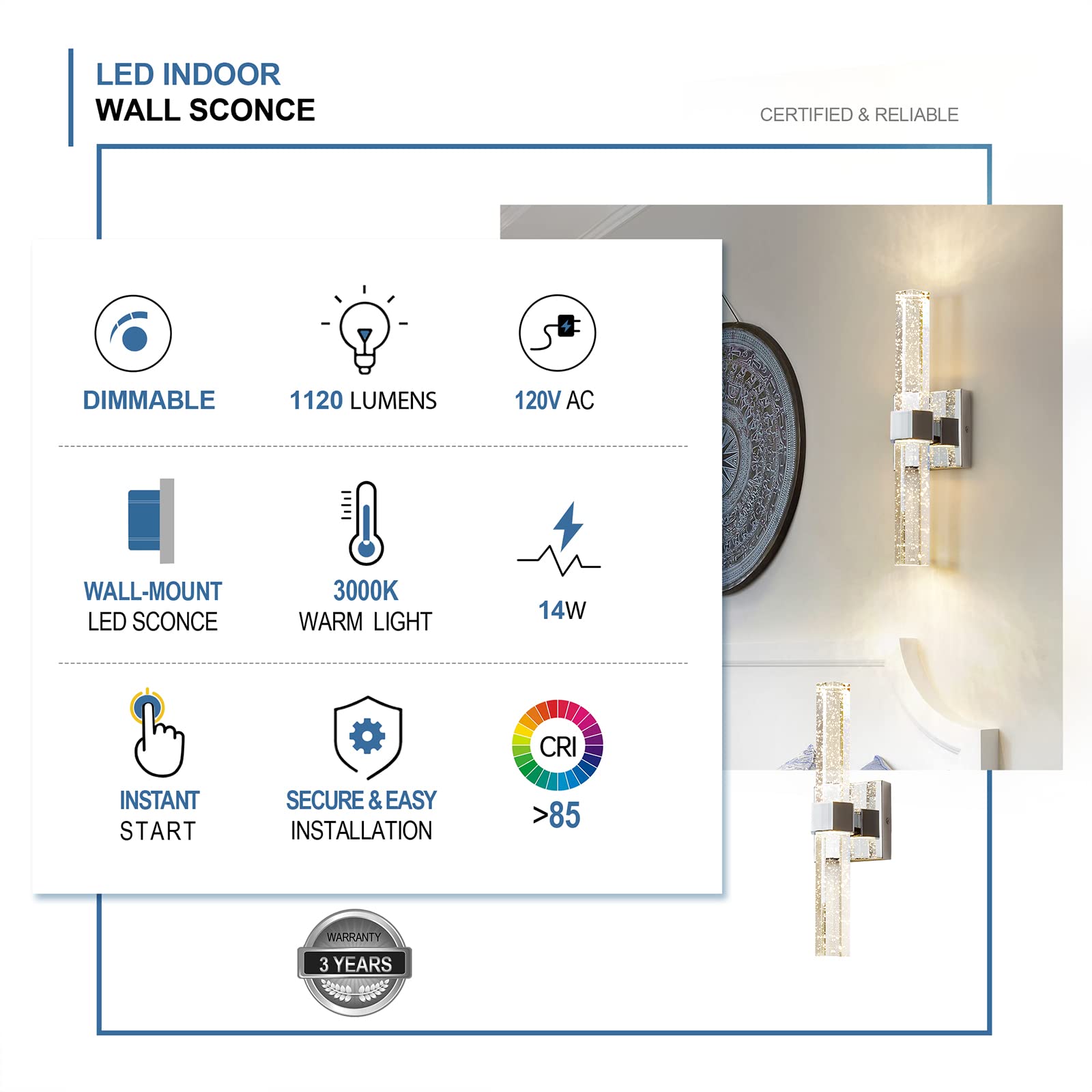 Epinl Wall Sconces Set Of Two - Crystal Sconces Wall Lighting 14W Dimmable Led Bathroom Vanity Light Fixtures Chrome Bubble Wall