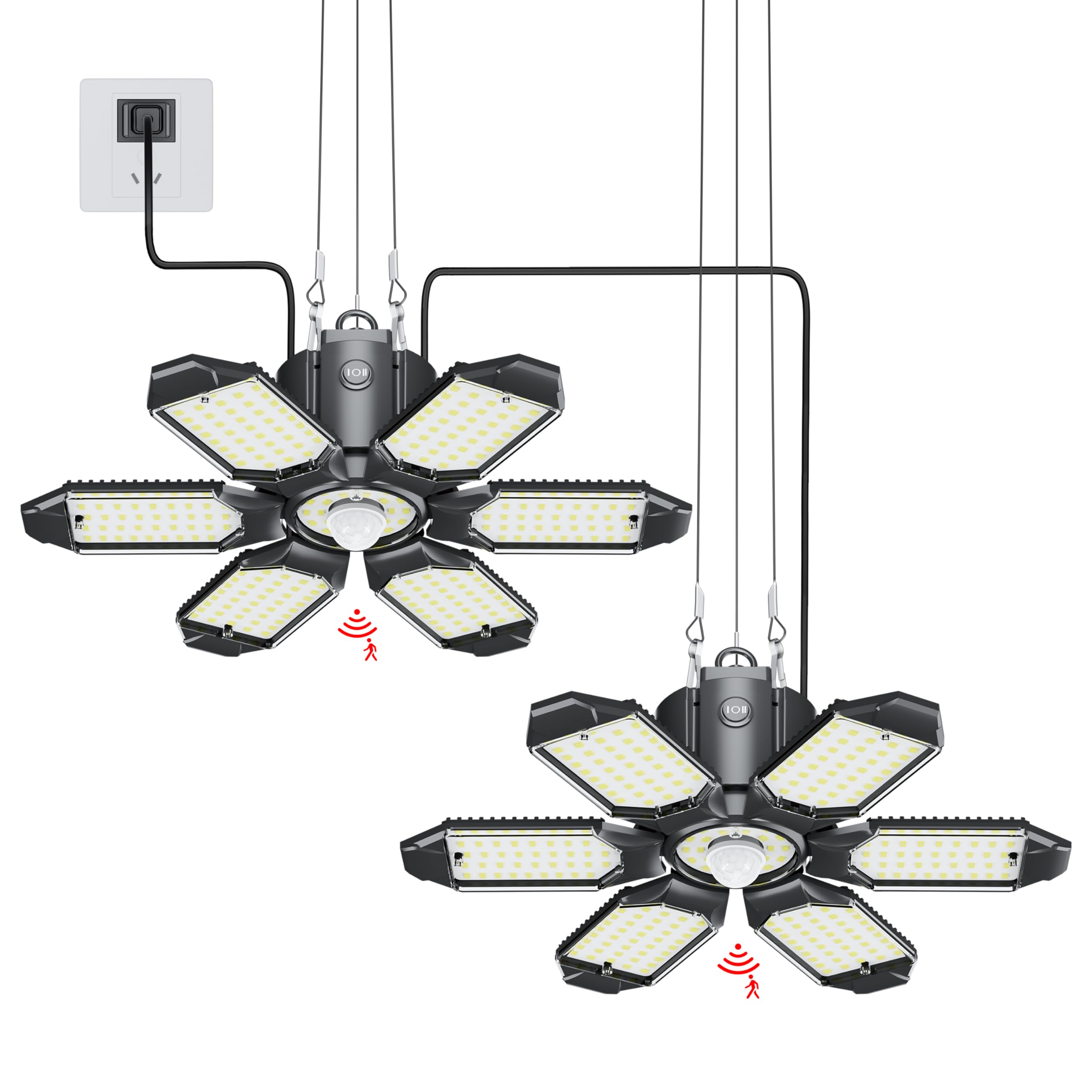 Craftersmark Plug in Garage Light - 200W Motion Sensor, 6 Deformable Panels, Indoor Use, 2 Pack, Black, Model Y6