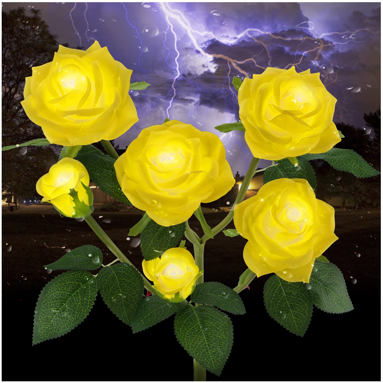 Tynled Outdoor Solar Garden Stake Lights, 6 Rose Flowers, Waterproof, Yellow, 1 Pack