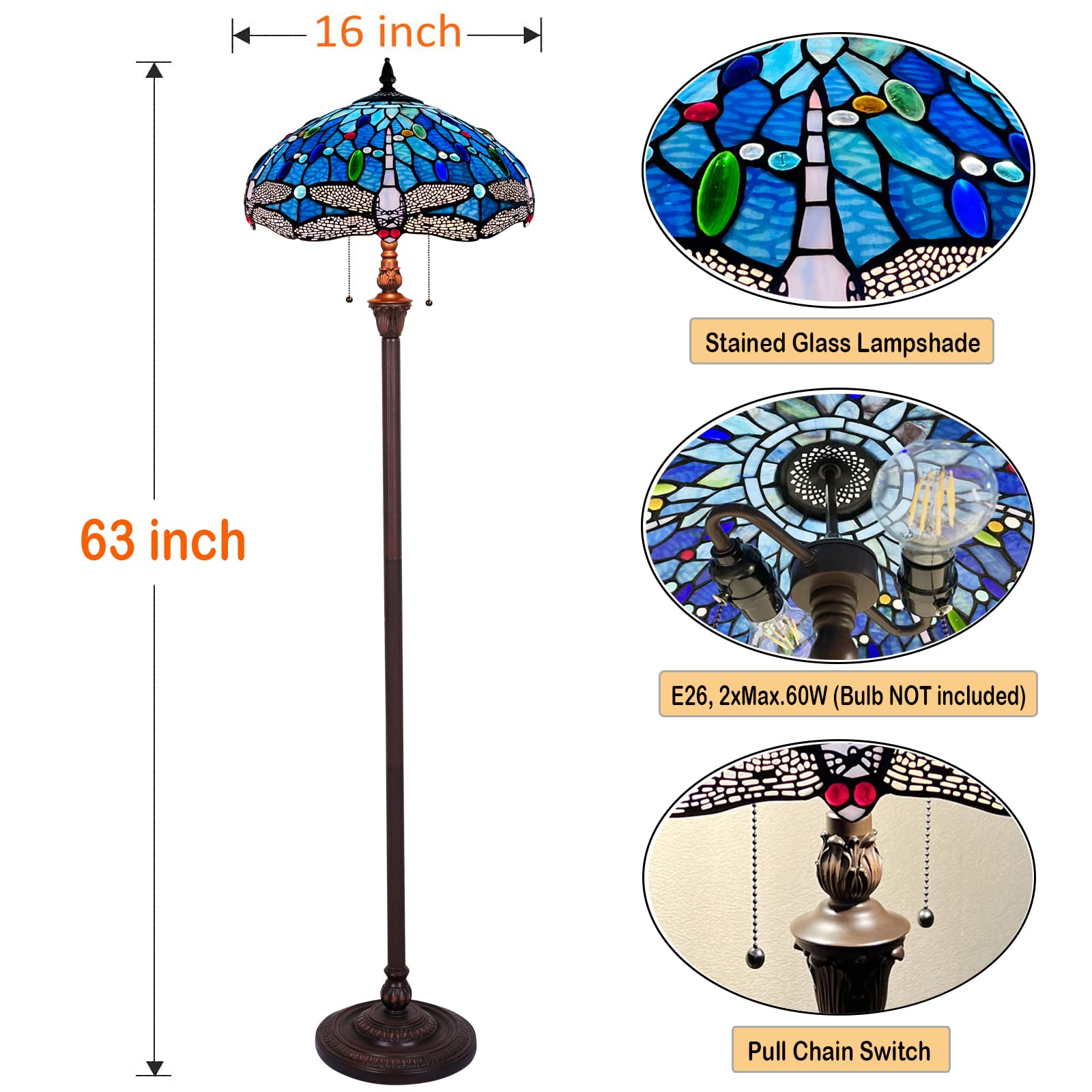 Capulina Tiffany Lamp Floor Lamp 2-Light Dragonfly Design 63" Blue CL184376FL