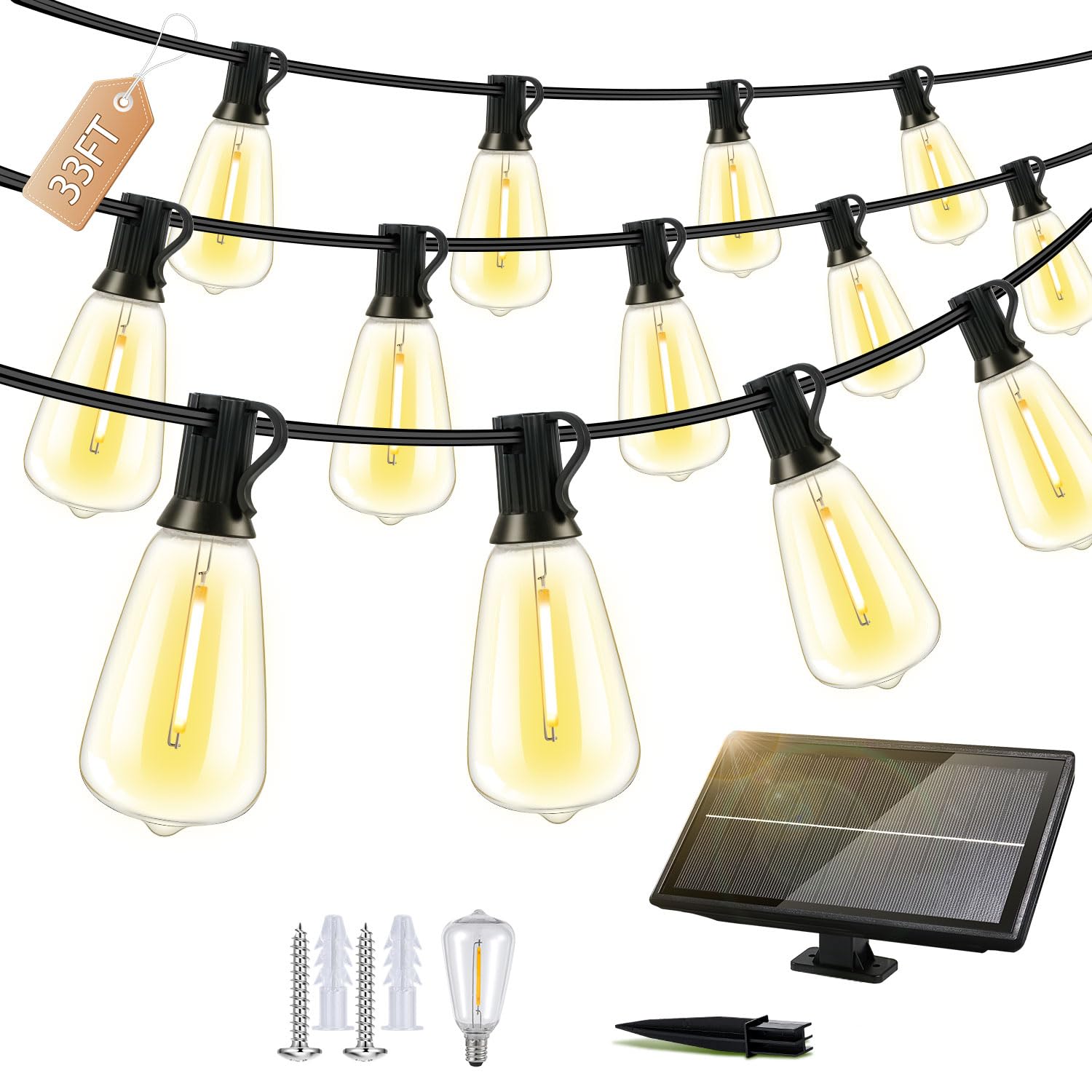 FUANXIEI Outdoor Solar String Lights Waterproof: ST38 33ft Shatterproof Patio Lights - Solar Powered & USB Dual Charging - 3 Modes Button Control - Garden Backyard Gazebo Porch Party Decor