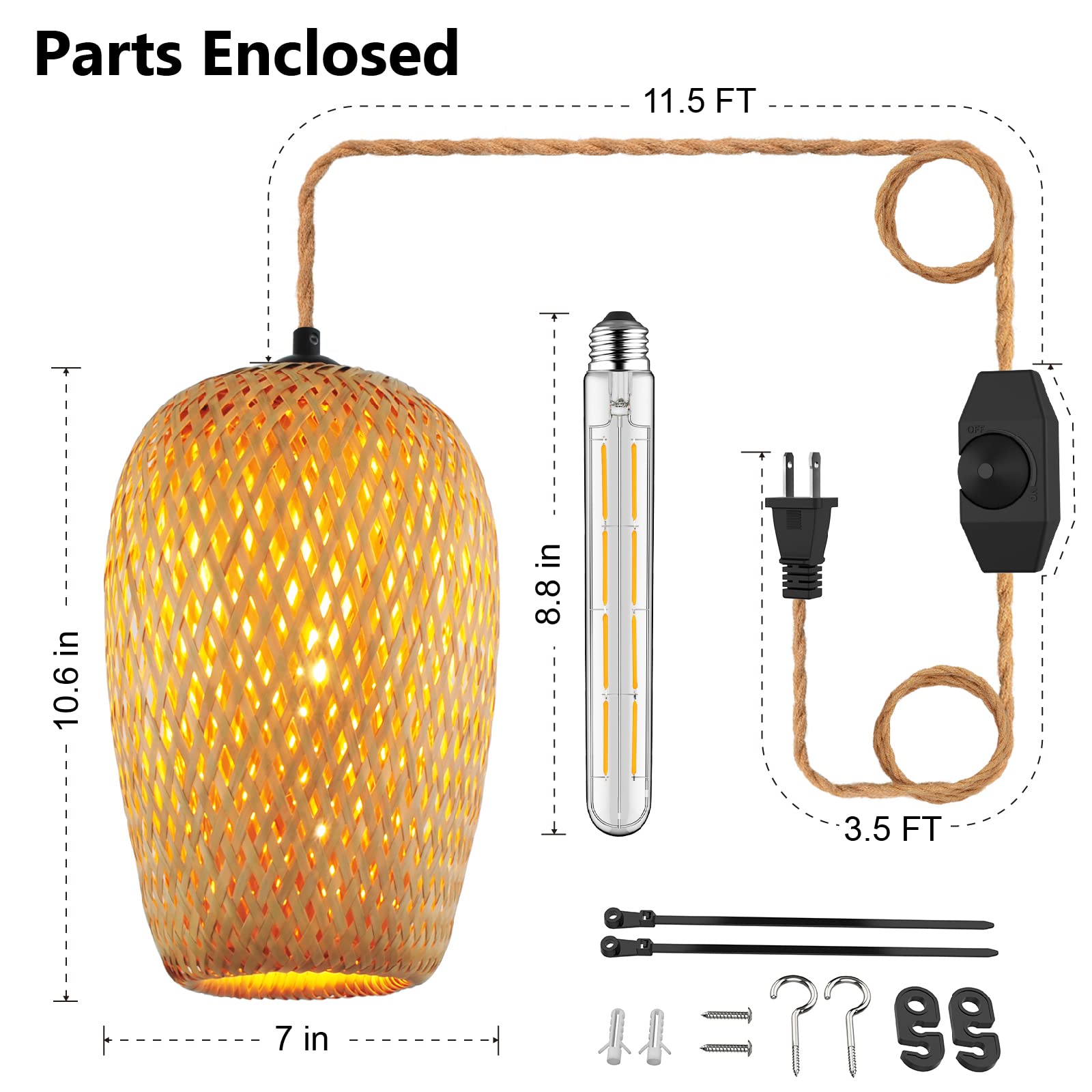 Yiizon Plug In Pendant Light Handwoven Bamboo Pendant Lamp Boho Modern Wicker Hanging Lights Rustic Country Natural Basket Hanging Lamp For Kitchen Study Bedroom Cafe 1Pack