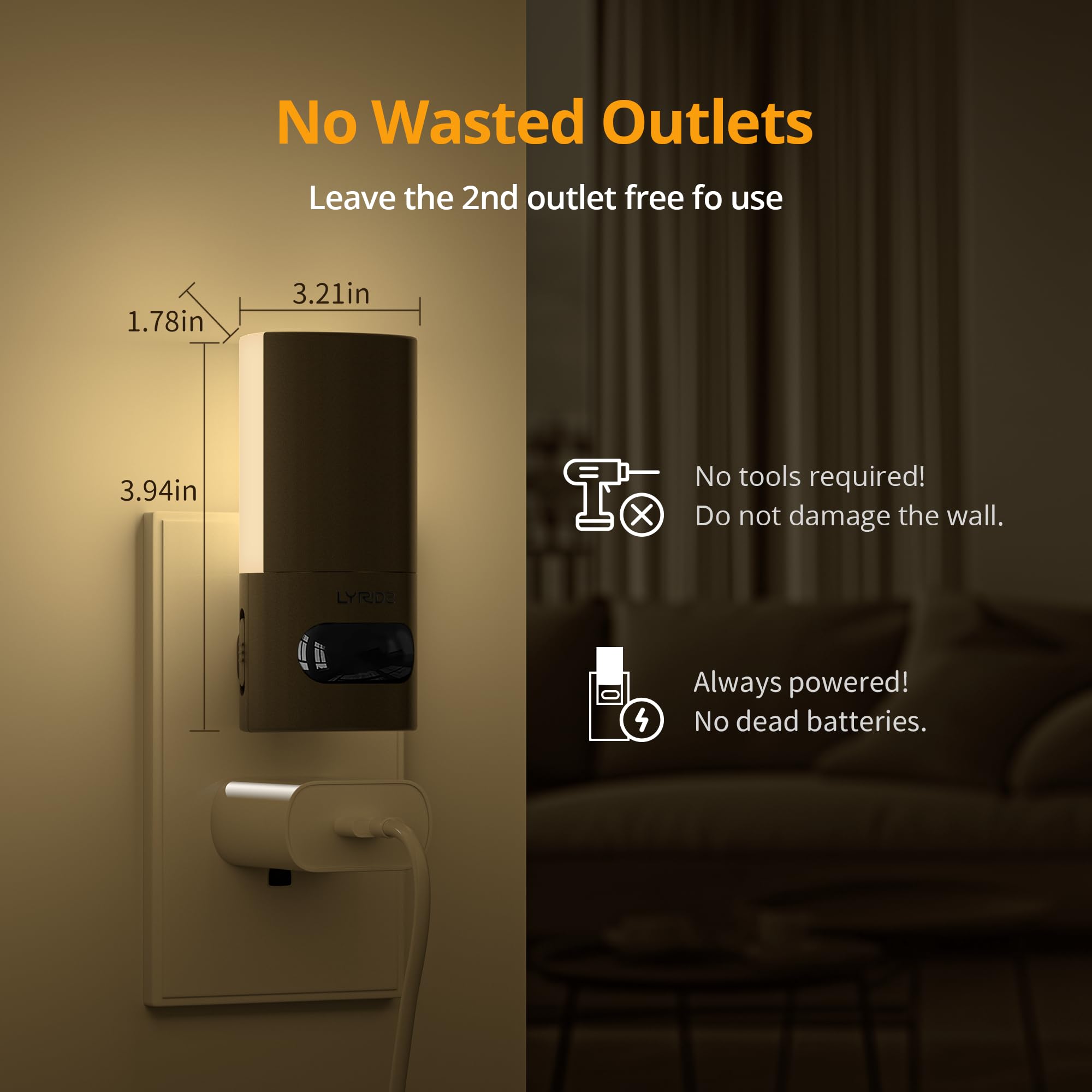 Lyridz Plug-in LED Night Light with Motion Sensor, Dimmable, Warm White, Small, Model A5105, 2 Pack