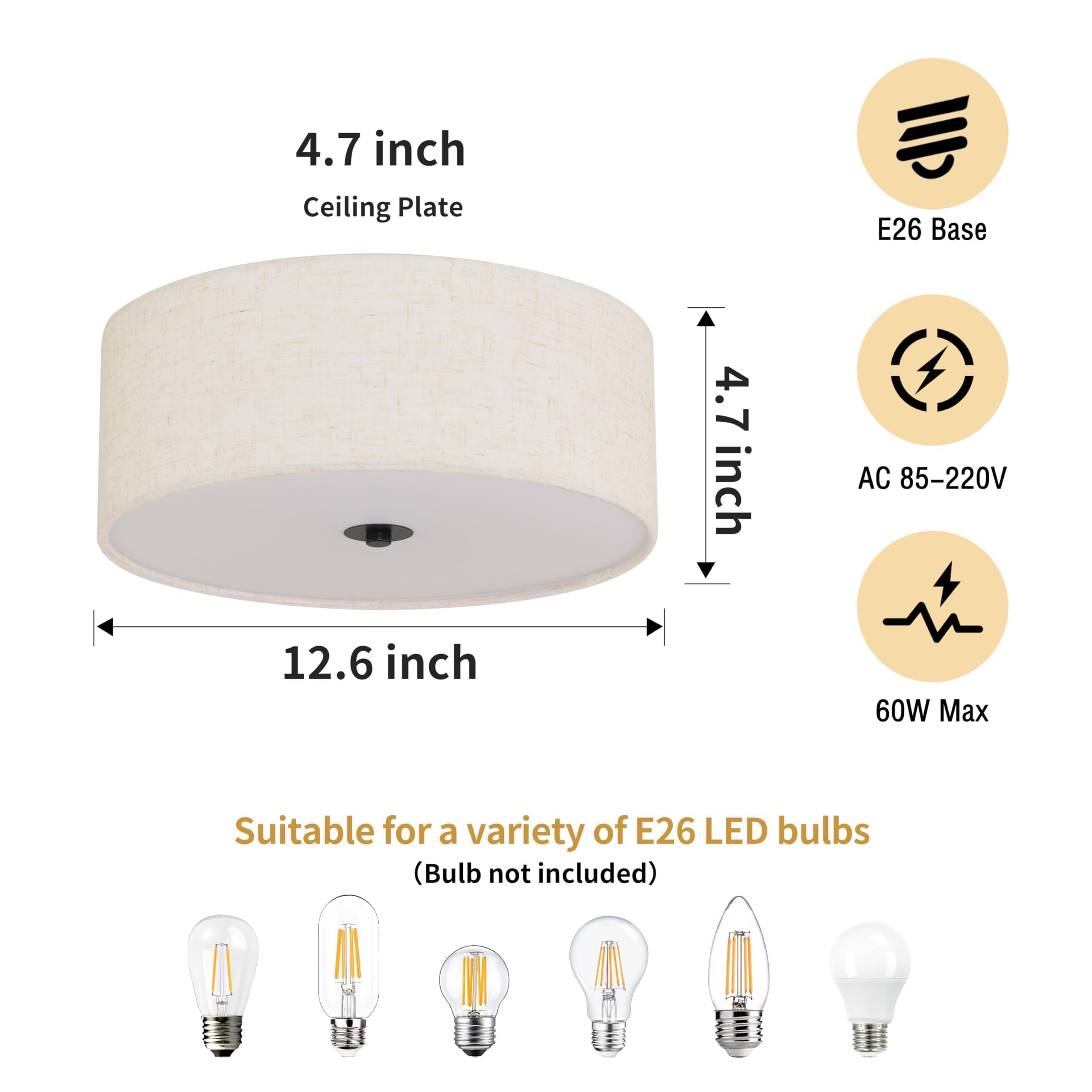 12.6 Inch Flush Mount Ceiling Light 2-Light Drum Modern Black Light Fixture Ceiling Light Fixture Close To Ceiling Light Fixture
