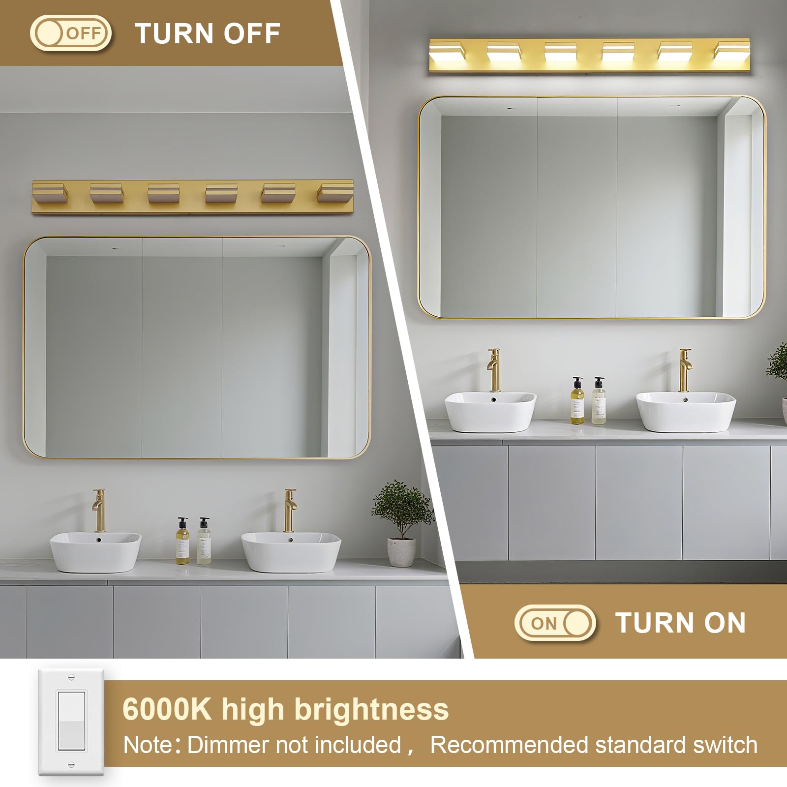 JZEKVN 6-Light Modern LED Bathroom Vanity Light Fixture, Gold Acrylic, 41.73in, Model 202541012