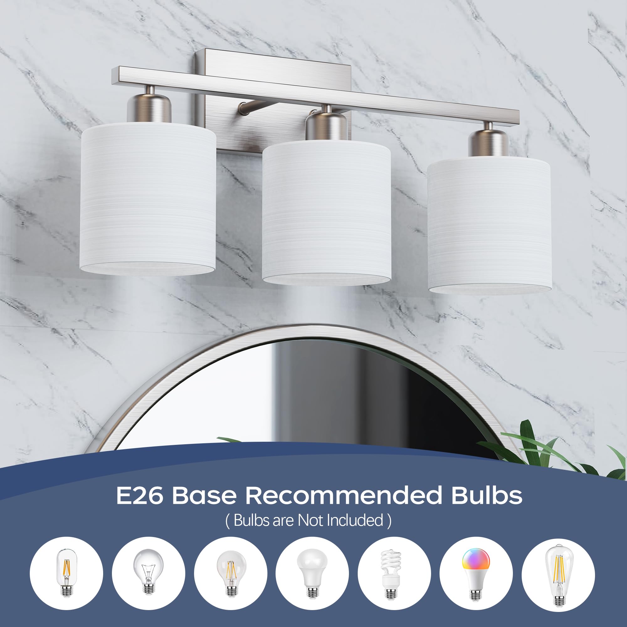 PARTPHONER Bathroom Light Fixtures - 3-Light Vanity Lights, Brushed Nickel, Textured Frosted Opal Glass Shades, Model STR0-VL-001