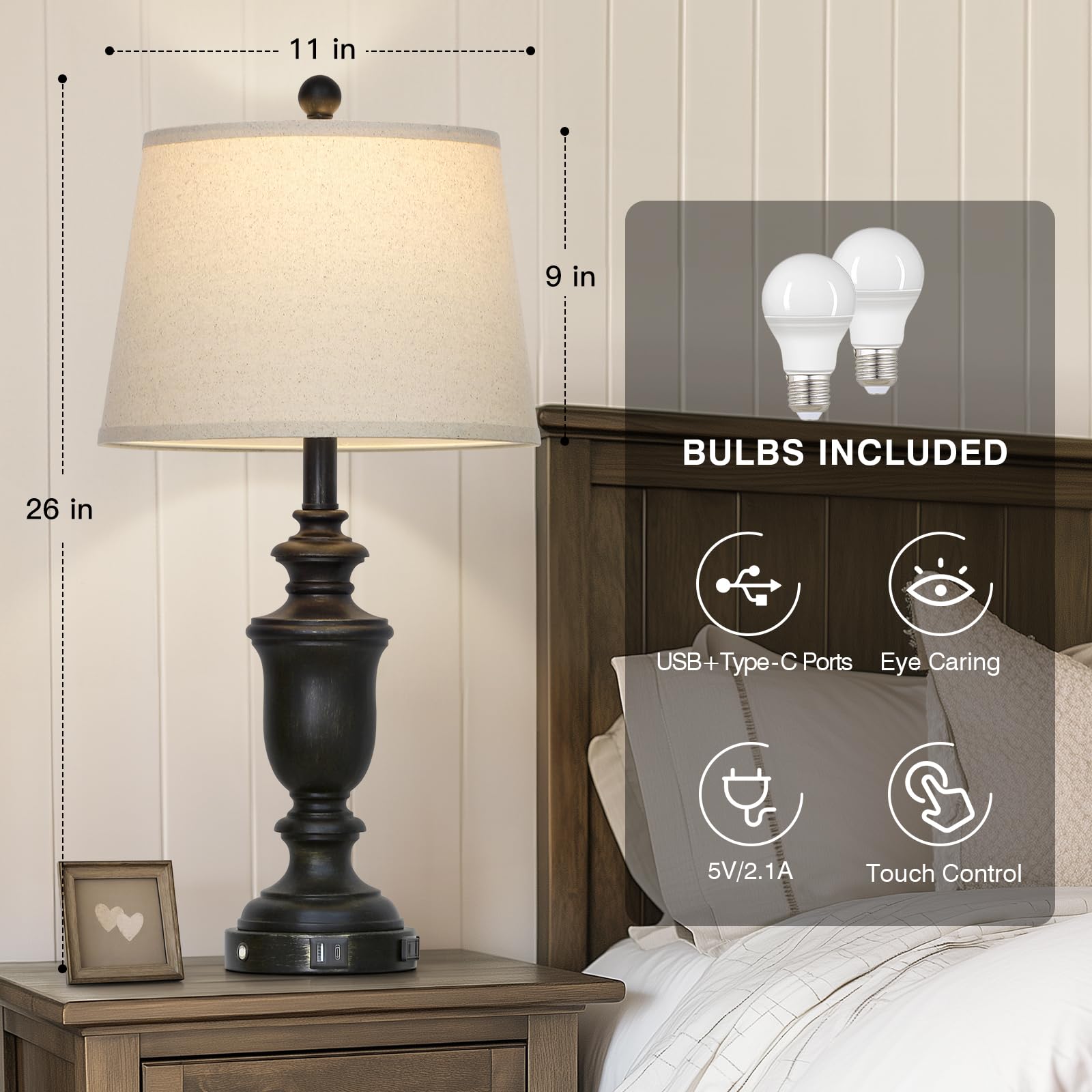 Cinkeda 26'' Black Table Lamps Set Of 2 With Usb C+A Ports & Ac Outlet For Farmohouse Living Room Retro Bedroom,3-Way Dimmable T