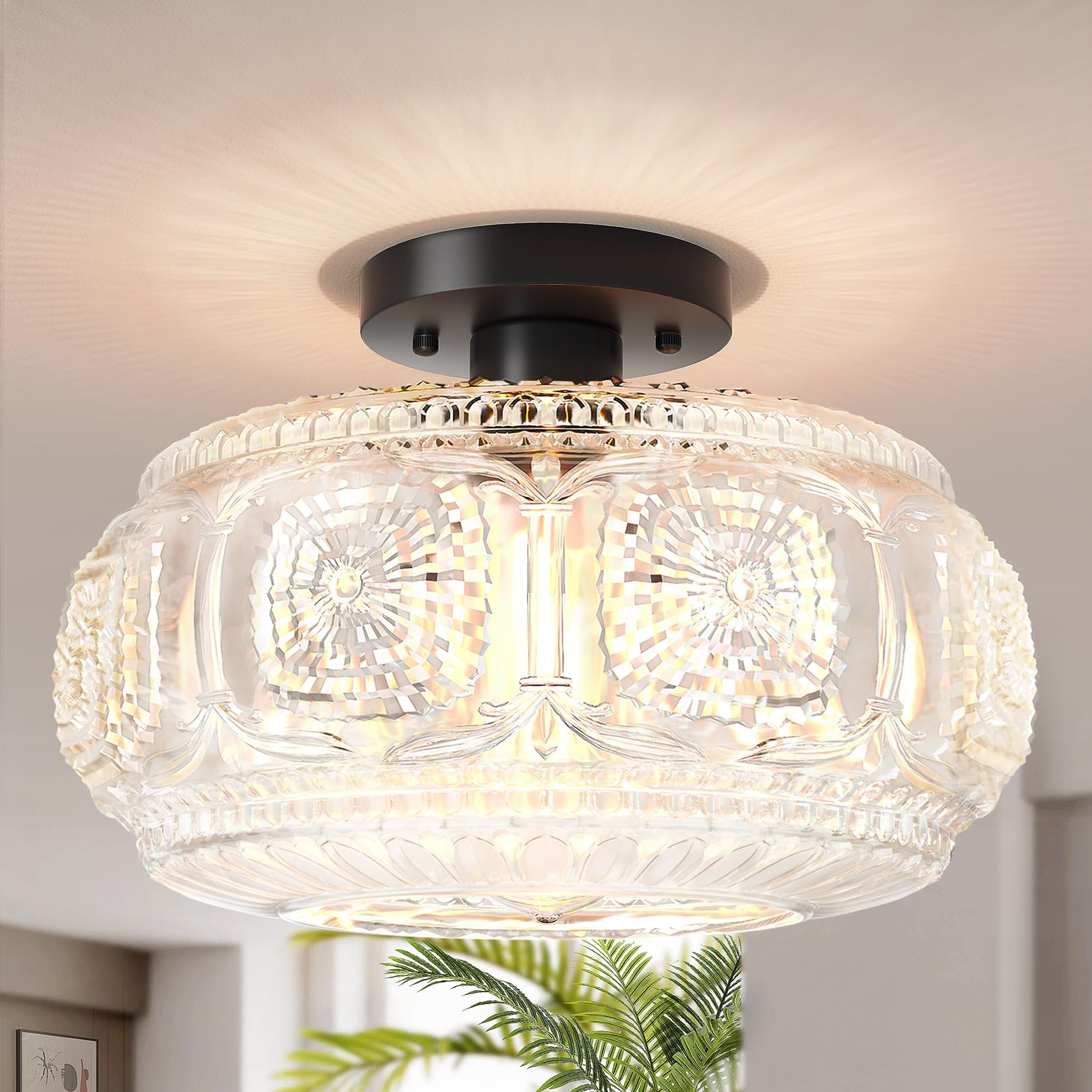 OYKYOHEI Semi Flush Mount Ceiling Light  Upgraded 12 inch Larger Black Glass Ceiling Light Fixture  Vintage Lighting for Hallway Kitchen Bedroom Dining Room  Bulb Not Included