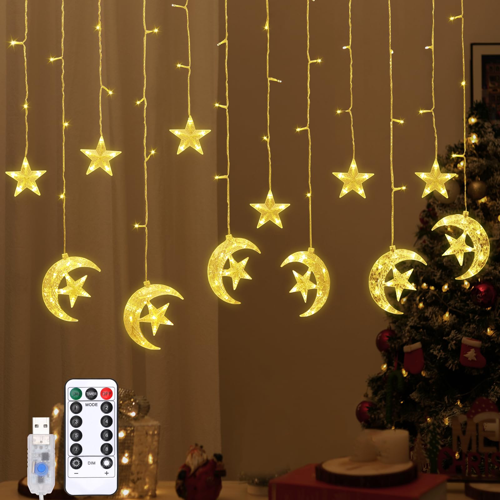 Lewondr 138 LED Star Moon String Curtain Lights,Hanging Fairy Lights with 6H Timer & 8 Modes,USB & Remote Control Ramadan String Lights for Christmas Bedroom Wedding Party Xmas Indoor Decor,Warm Light