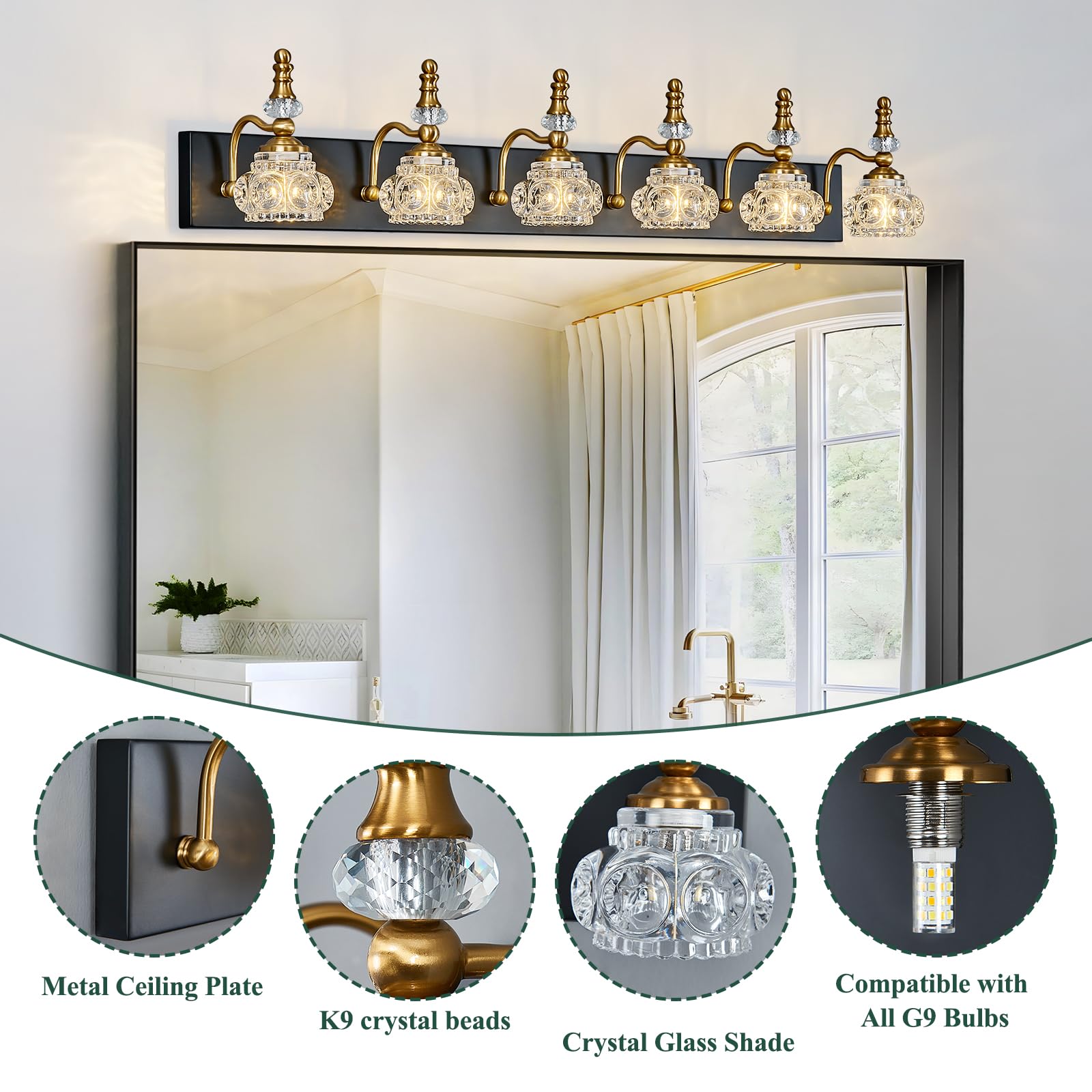 Lbsqj 6-Light Vintage Bathroom Vanity Light Fixture Industrial Black Gold With Glass Shade Vanity Light Fixtures Over Mirror Glass Bathroom Vanity Lighting Fixtures G9 Bulb Wall Lights