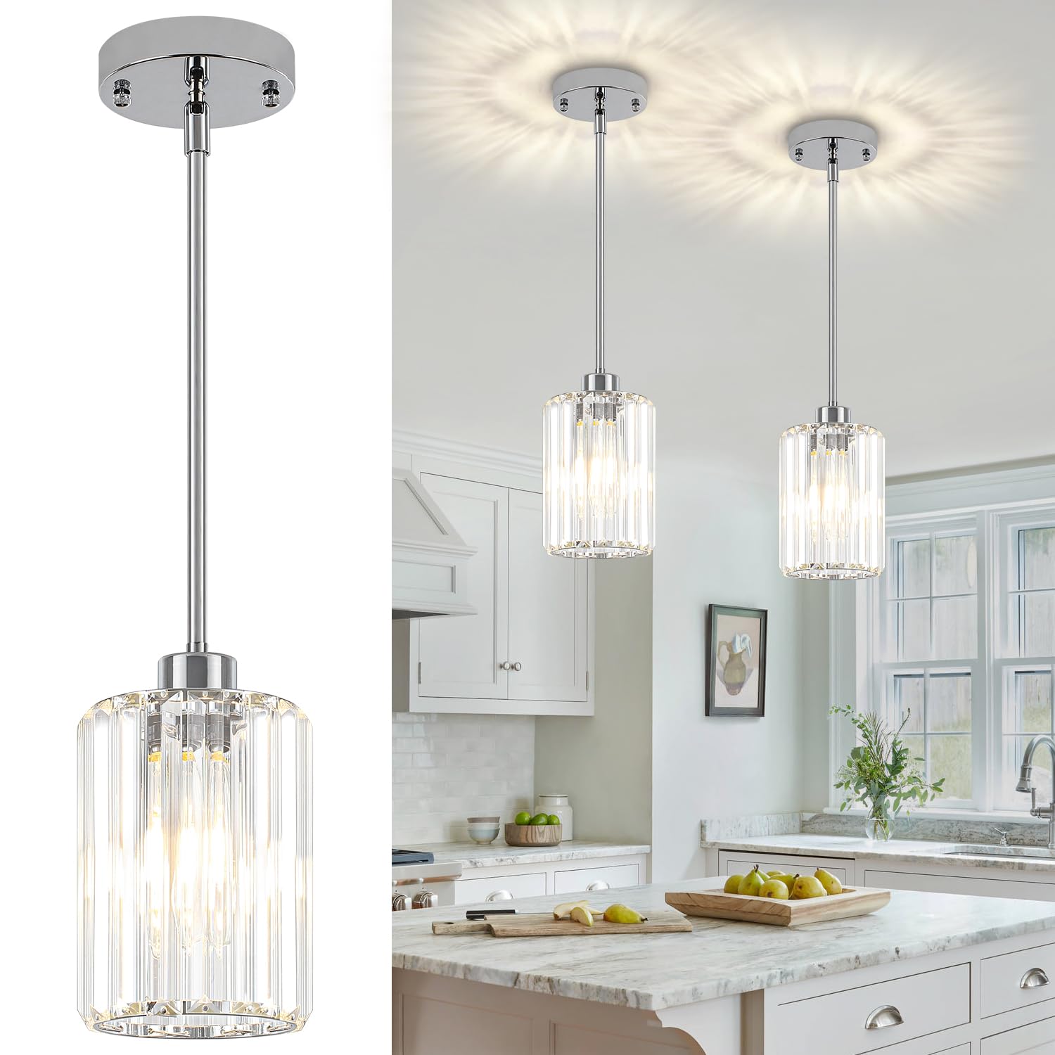 Zsmihdoh Chrome Pendant Lights 2 Pack Crystal Pendant Lighting For Kitchen Island  Modern Mini Kitchen Chandeliers Hanging Pendant Lights For Bedroom Dining Room Hallway