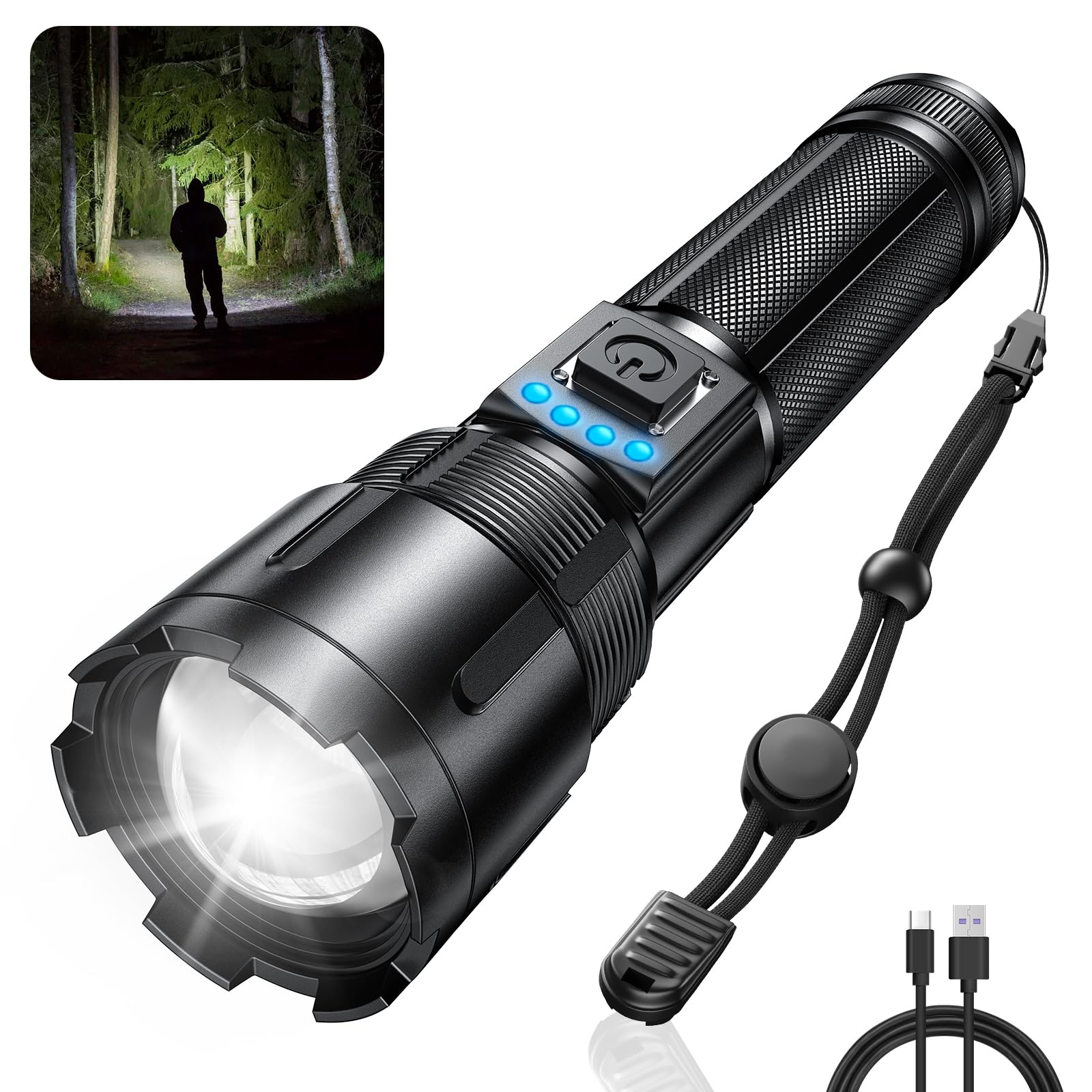 RECHOO Rechargeable Flashlight 10000 Lumens, IP65 Waterproof, 5 Modes, Zoomable, Aluminum, Black, Model SR5000, 1 Pack