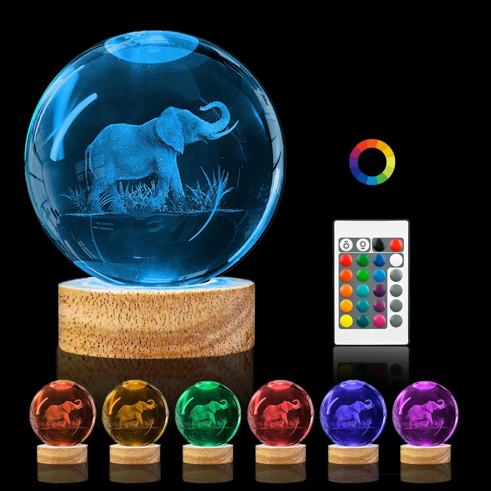 PYMIN3D 3D Elephant Crystal Ball Night Light,3.15in k9 Crystal Ball Lamp with 16 Colors Change,Wooden Base and Remote Control De