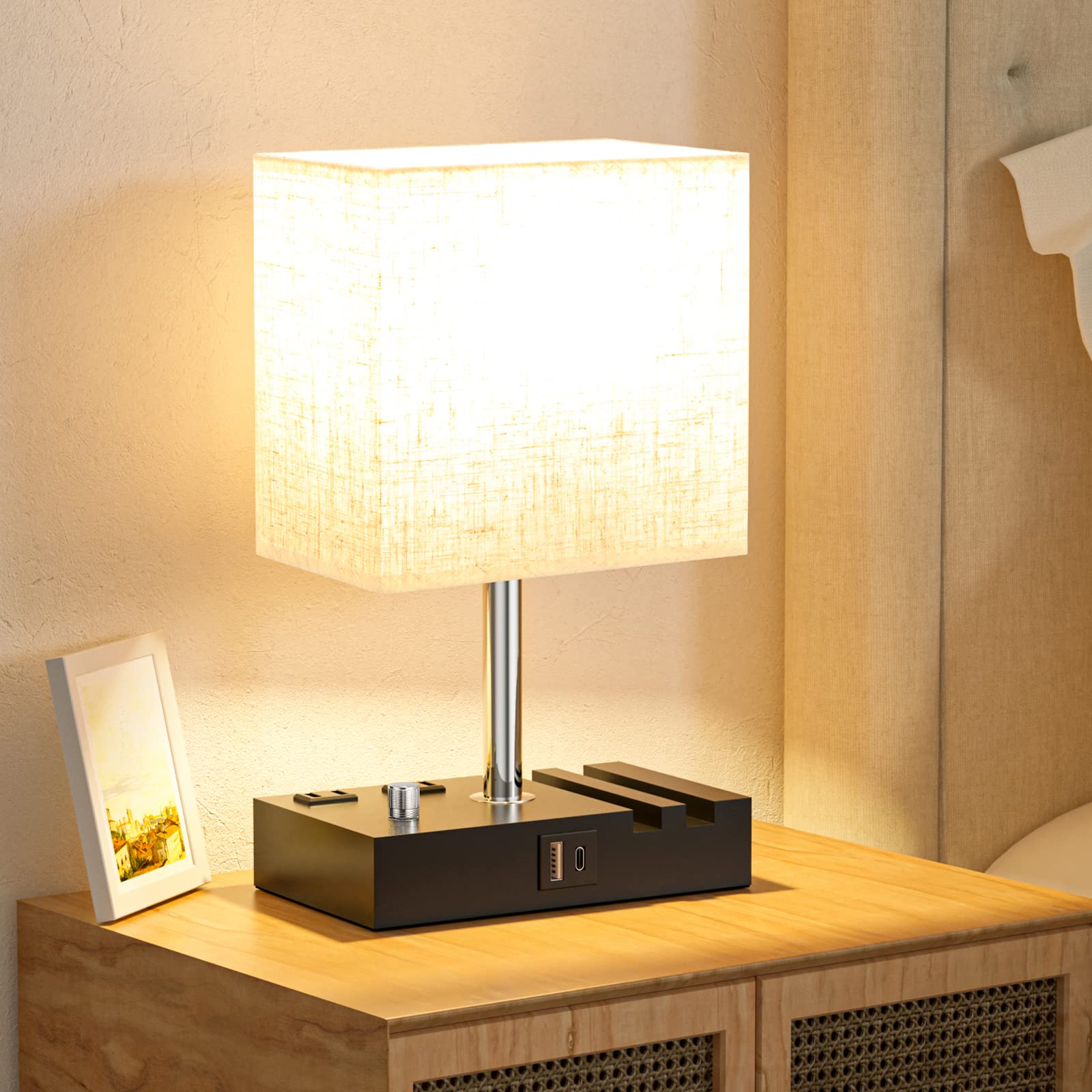 Bedside Lamps For Bedroom Set Of 2, Kakanuo Fully Dimmable Small Beige Nightstand Lamps With Usb C Ports And 2 Charging Outlets,