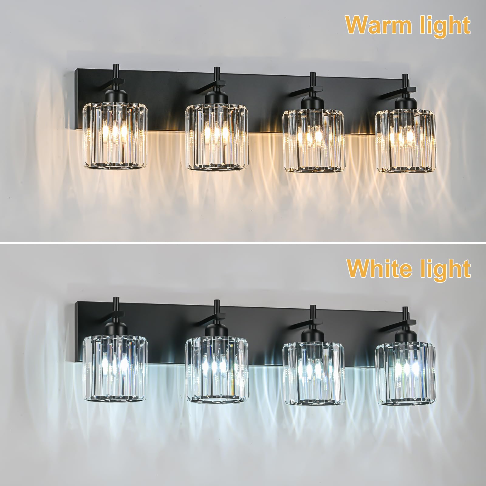 HUOKU 4-Light Bathroom Vanity Light Fixture, Black Metal with Crystal Round Shade