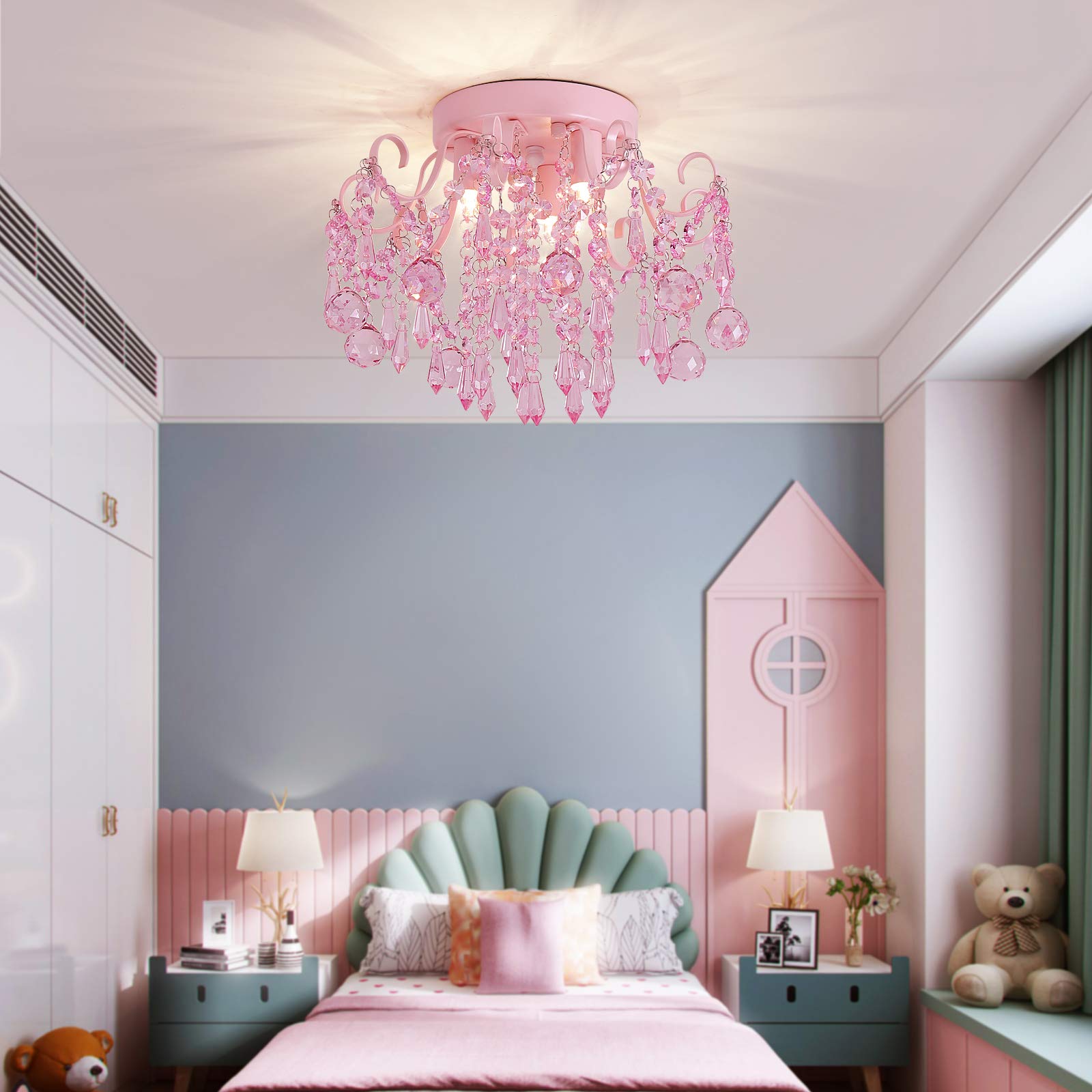 Q&S Mini Chandelier - Pink Crystal Ceiling Light Fixture, 3 Lights, Metal Design for Bedroom, Bathroom, Nursery, Model P2001-3Pink