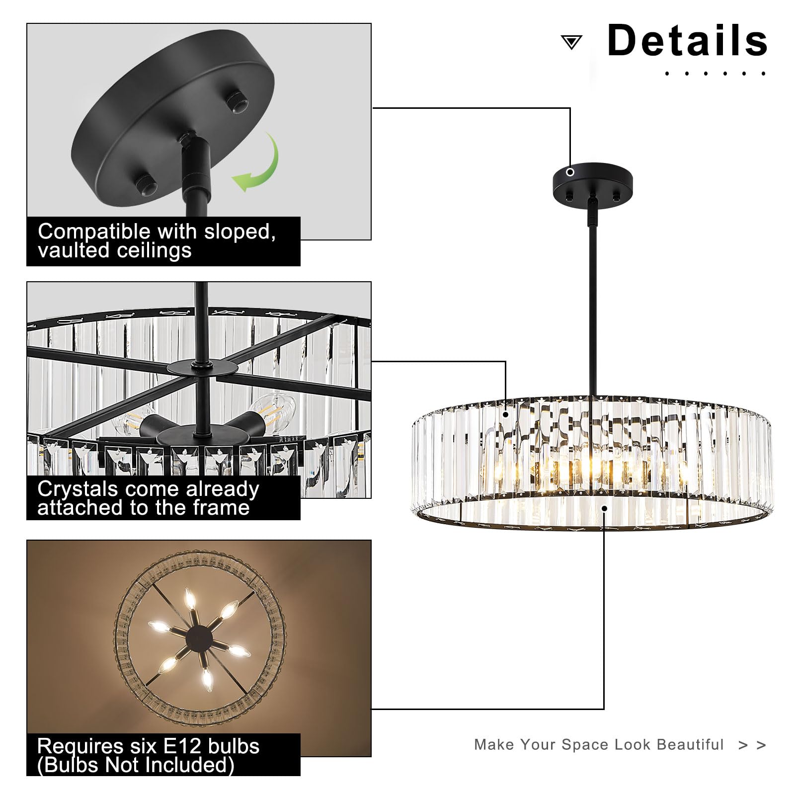 Violoemi Modern Blcak Semi Flush Mount Ceiling Light  Crystal Dining Room Chandelier Light Fixture  6-Light Drum Lighting Fixtures For Foyer Kitchen Living Room Bedroom (19.6 Inch)