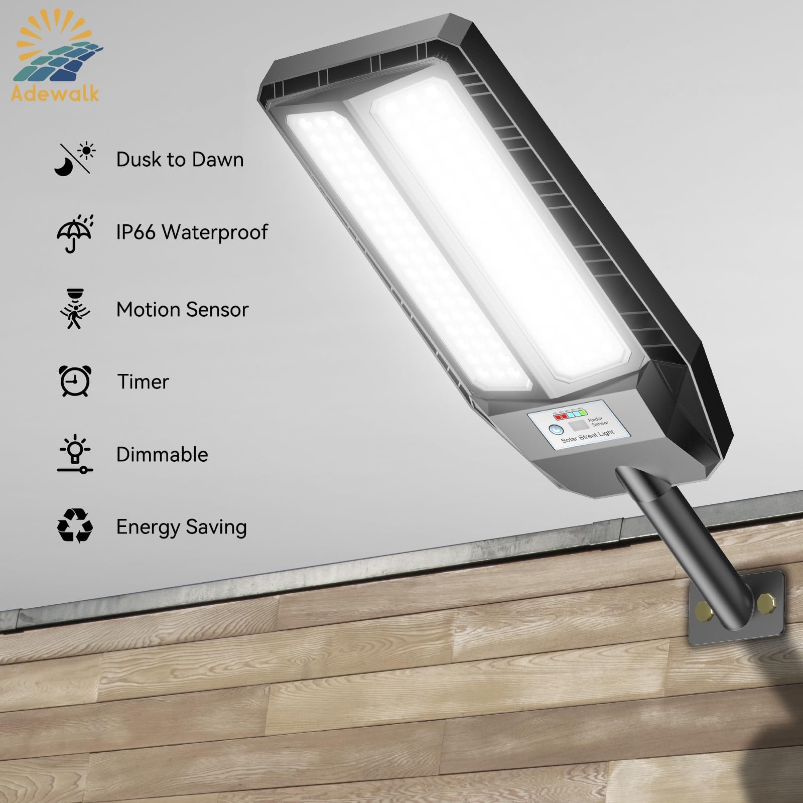 Adewalk Solar Street Lights, 5000W, 7000K LED, Motion Sensor, Remote Control, IP66 Waterproof, 2 Pack, Black, Model TW104