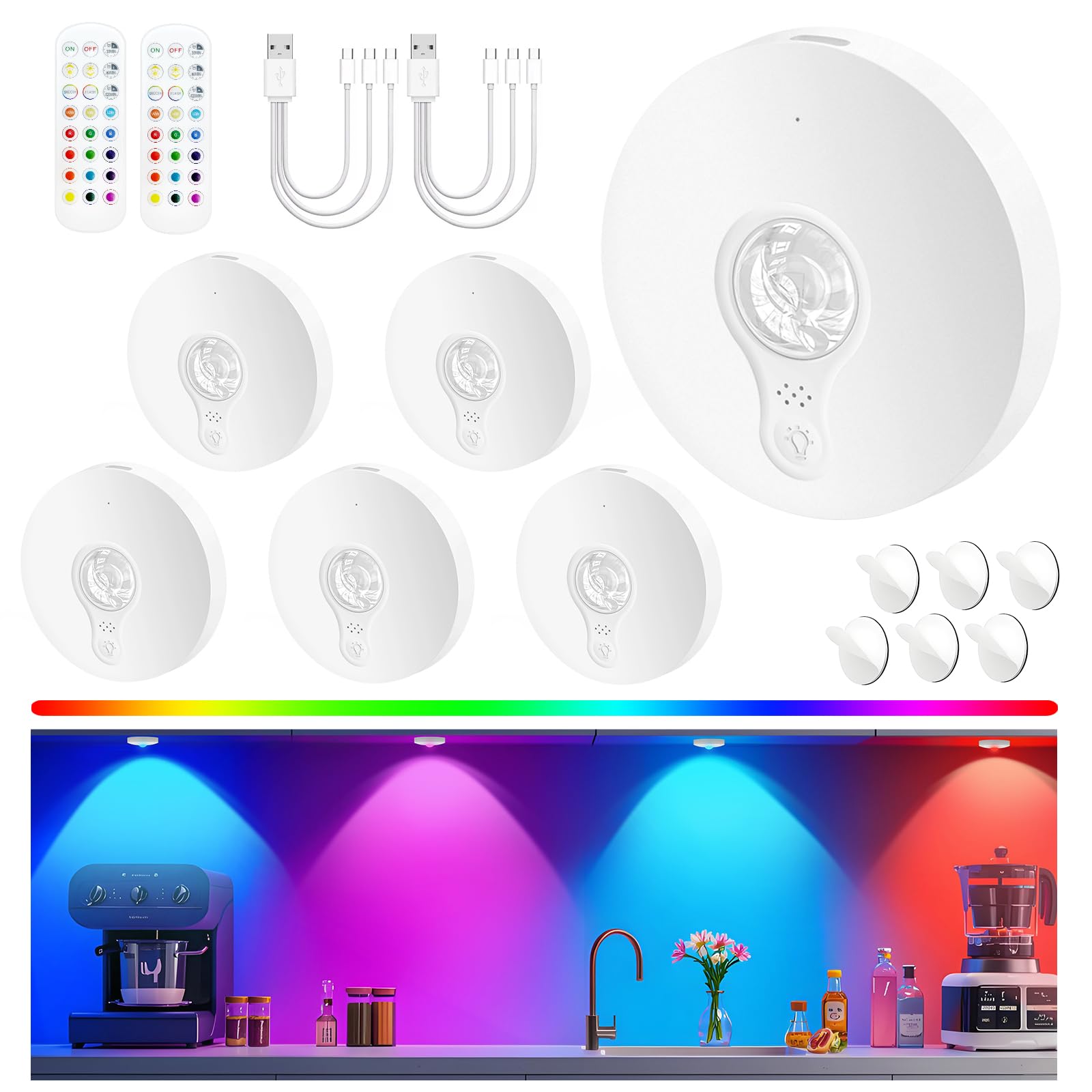 Rechargeable Puck Lights with Remote, 6 Pack Magnetic Under Cabinet Lighting, 1500mAh Battery Operated LED Tap Lights with Dimme
