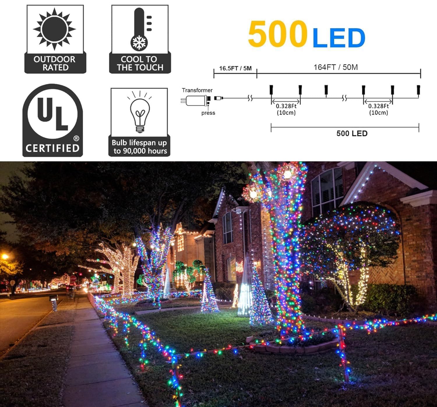 kemooie 500 LED Christmas String Lights, 164FT Waterproof Multicolor, 8 Modes, Green Wire for Outdoor Party & Garden Decorations