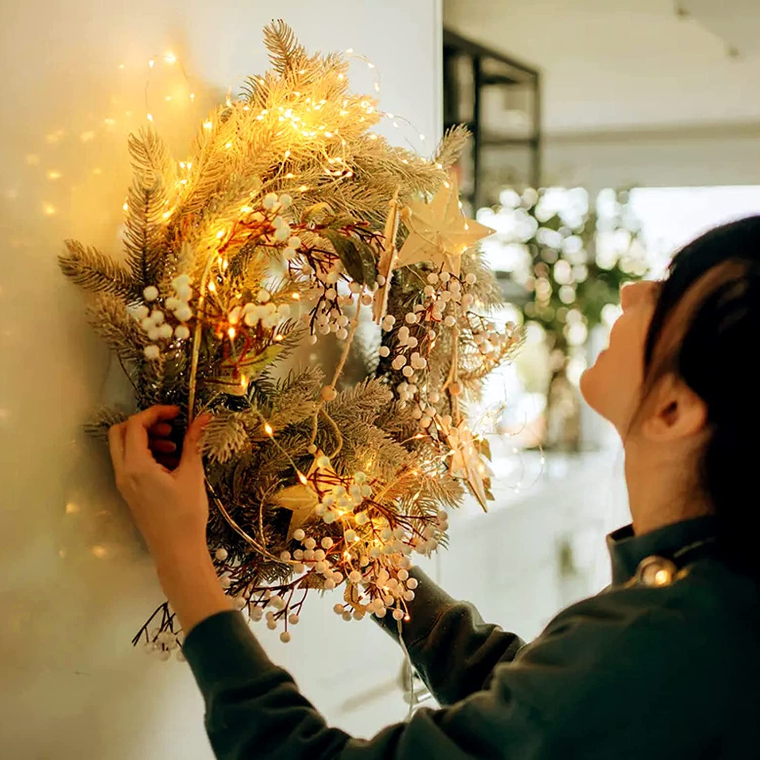 JMEXSUSS 100 LED Fairy Lights, Battery Operated, Warm White, 8 Modes, Copper, Indoor Christmas Decor, 2 Pack