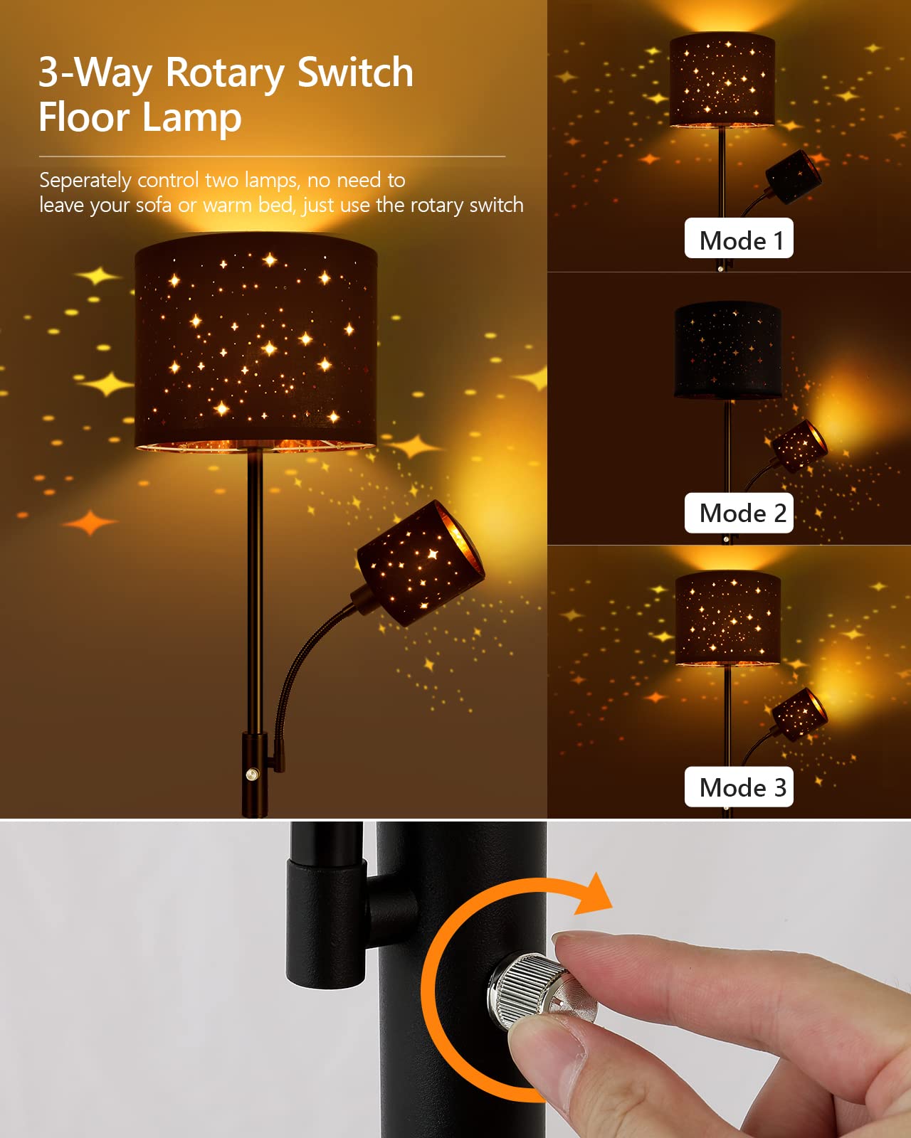 Floor Lamp Black, Reading Standing Lamps For Living Room, 62'' Tall Torchiere Lamp For Kids Room, 3-Way Switch, Star-Gold Lampsh