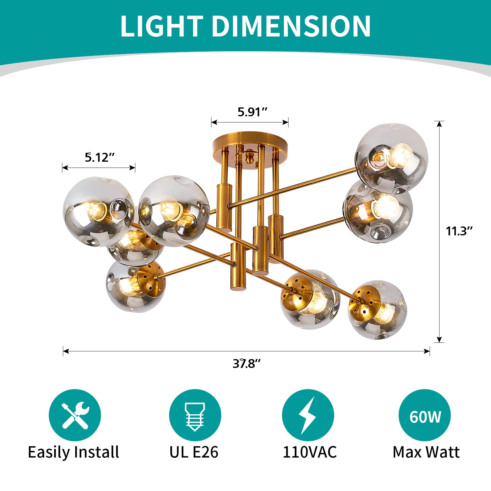 Ceiling Light With Sputnik Glass Globe Chandelier, 8 Lights Kitchen Lighting Fixtures Ceiling Flush Mount For Villa Living Room,