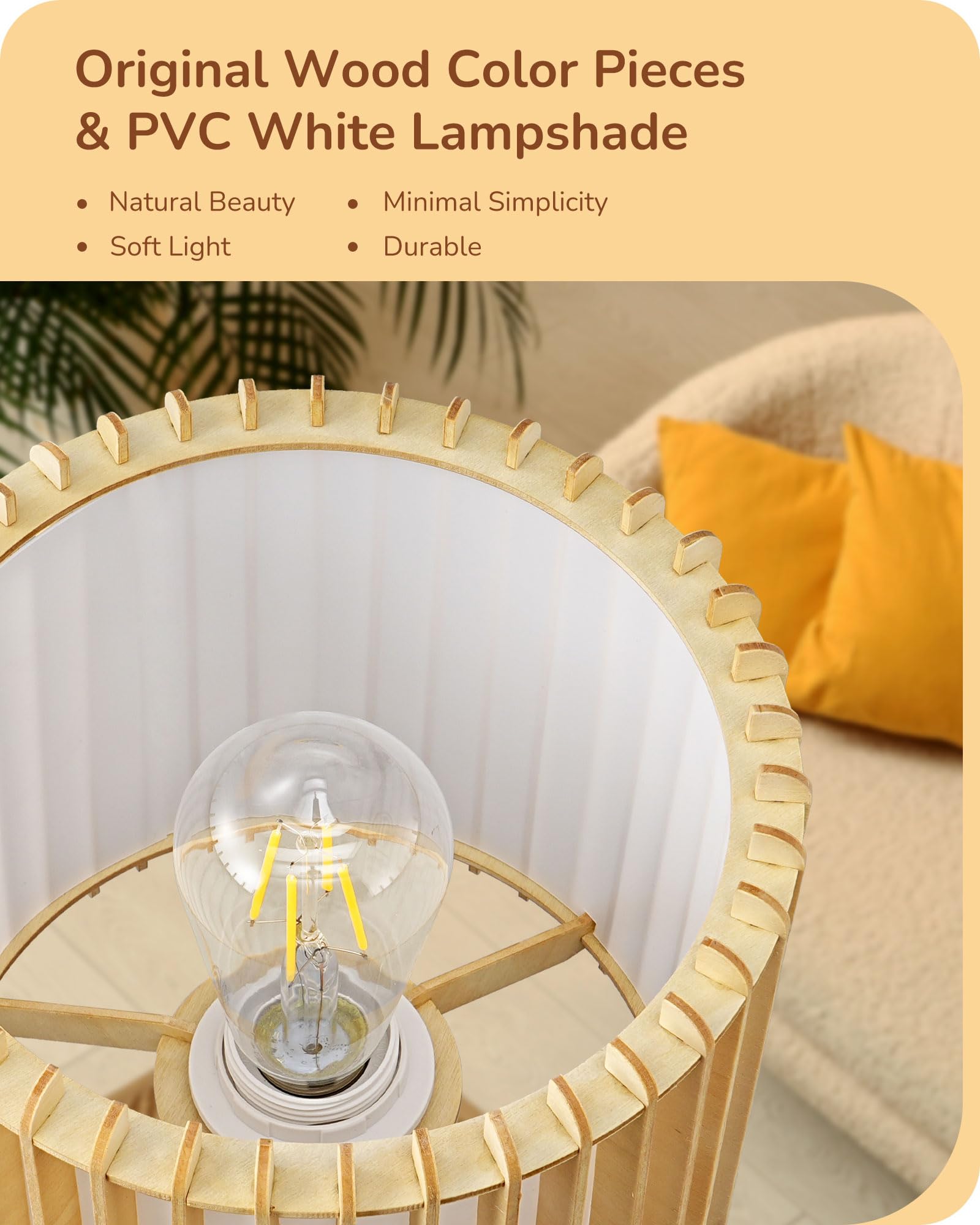 Edishine 14.17'' Small Table Lamp, Wood Tripod Bedside Lamp, Natural Wood-Colored Hollow & White Pvc Shade, E26 Base, Boho Night