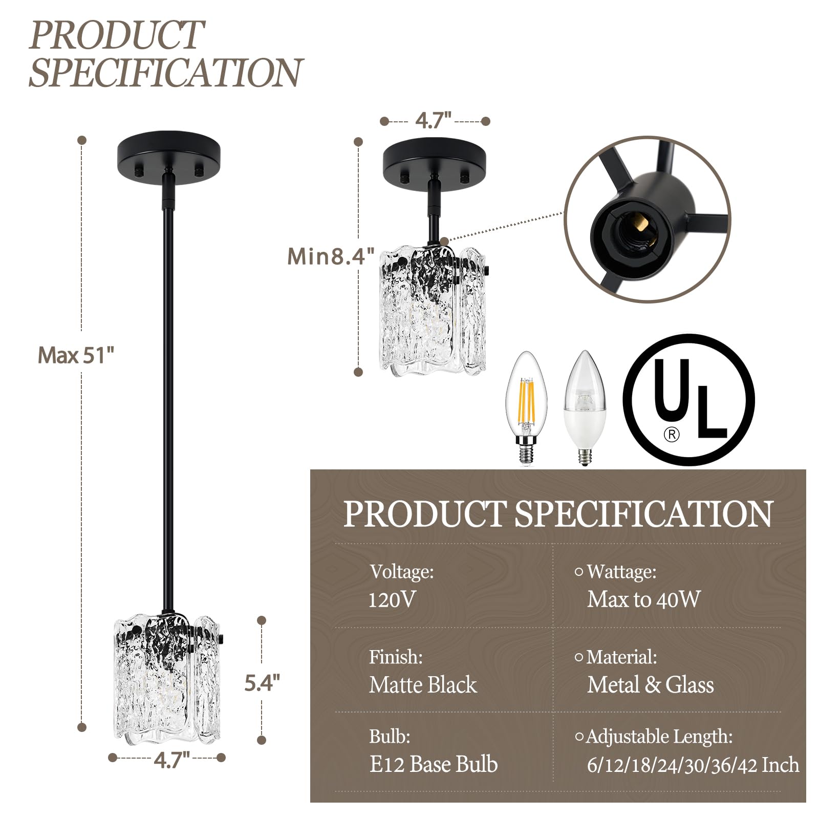 Osimir Black Pendant Light, 1-Light Mini Glass Hanging Fixture, Modern Design, E12 Base, Model OS-MM5002