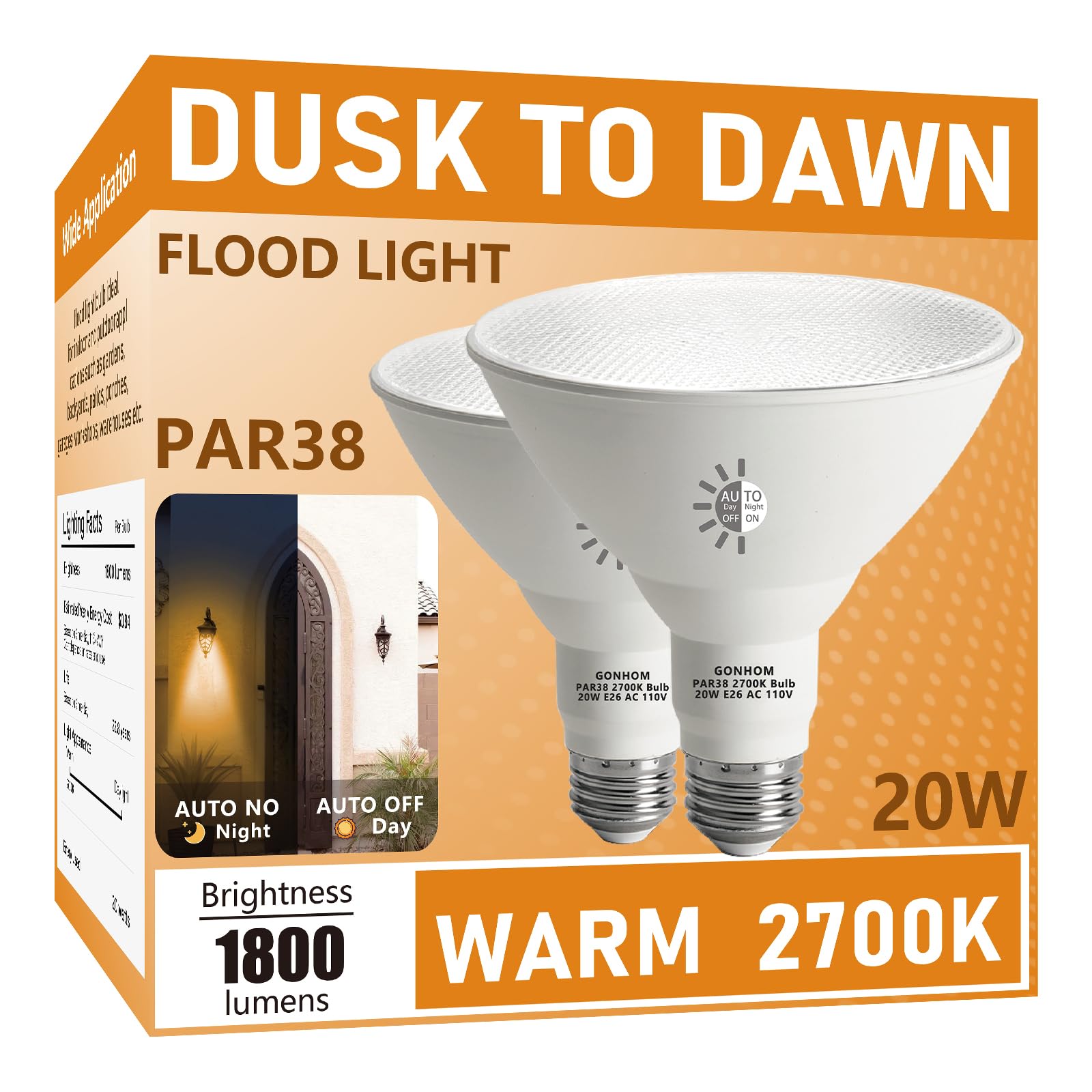 Gonhom Par38 Led Dusk To Dawn Flood Light Bulbs Outdoor 2 Pack, 2700K Daylight, 20W Replace Up To 200W, 1800Lm, E26 Base Outdoor