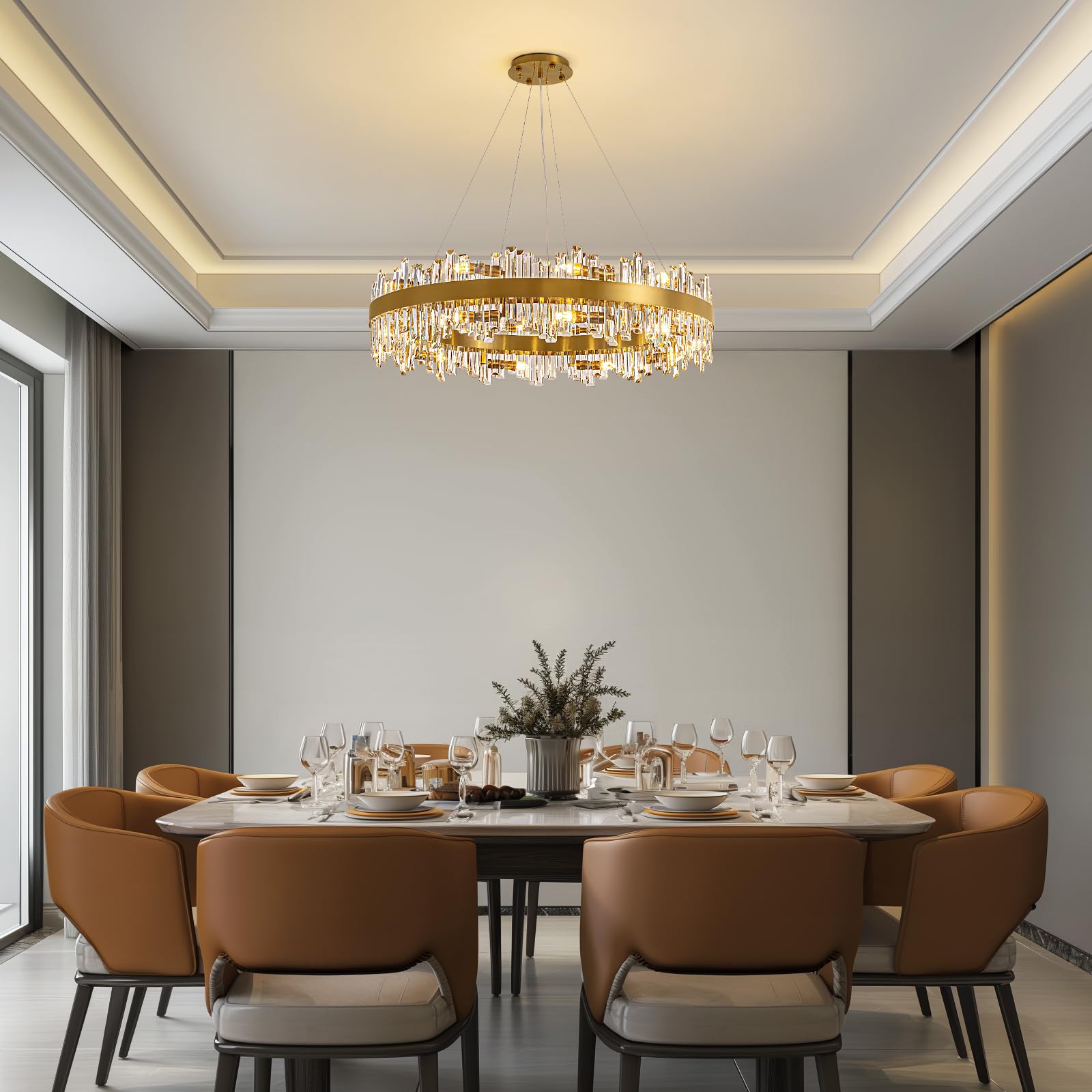 Siljoy 20-Light Modern Crystal Chandeliers, Large Brushed Gold 2-Tiers Raindrop K9 Crystal Ceiling Light, 3 Way Dimmable Pendant