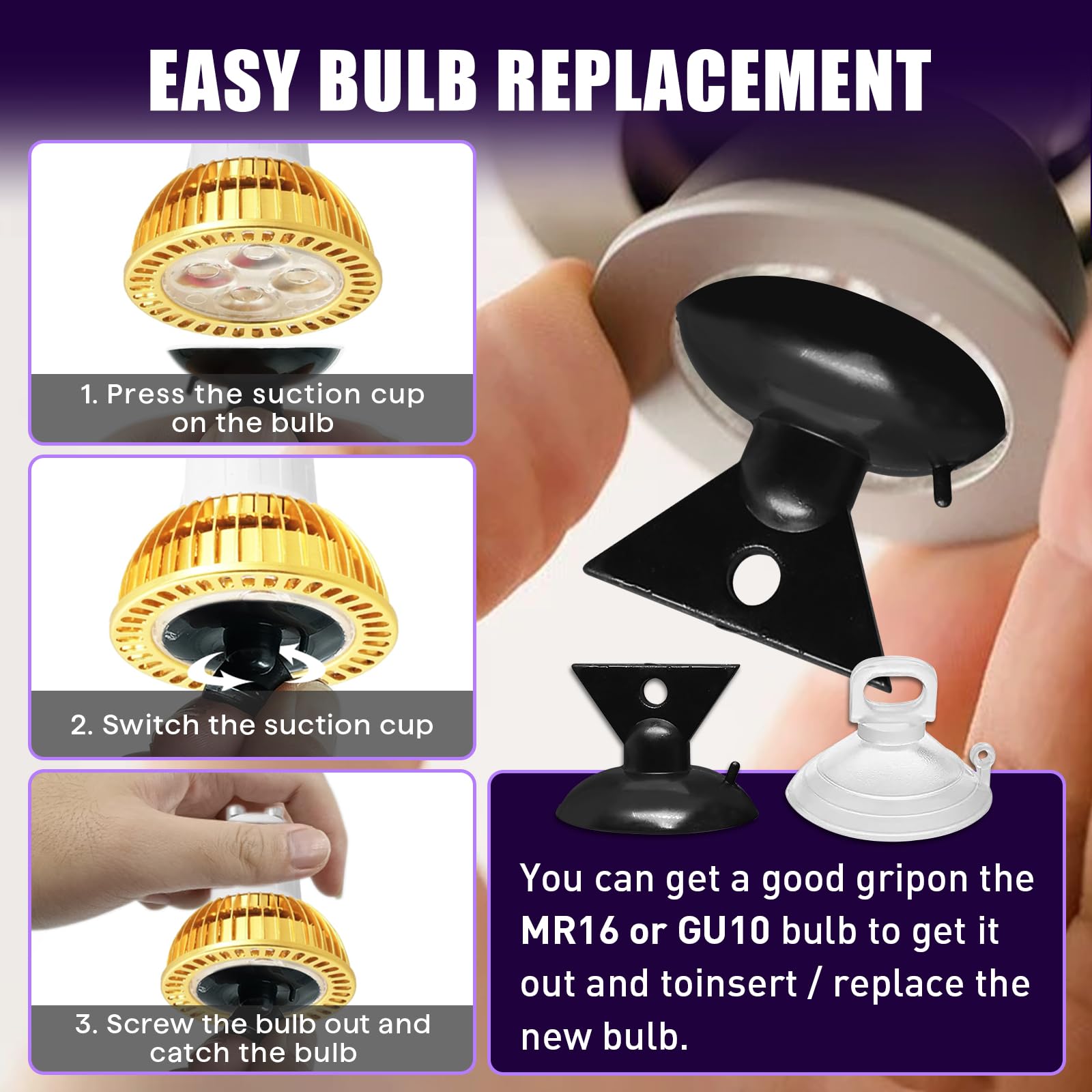 Chaseroad 10-Pack Light Bulb Suction Cup Removal Tool for MR16 GU10 - Black & Clear - Easy-to-Use for Halogen & Mini Track Lights