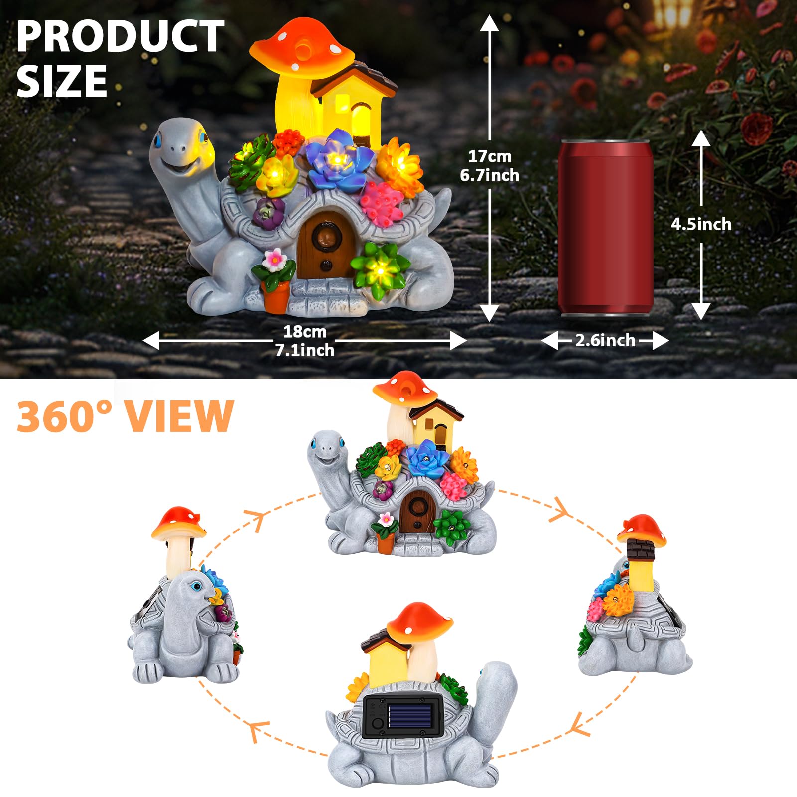 CIKOUBE Solar Turtle Garden Statues with Succulentss and 7 LED Lights, Outdoor Solar Turtles for Garden Decor, Yard Lawn Balcony