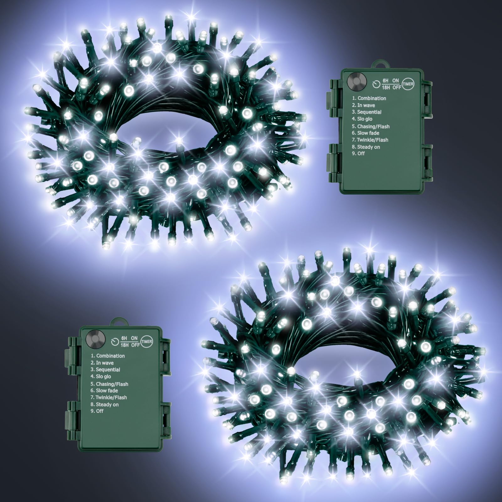 FFZZKJ White Christmas Lights Outdoor Battery Operated String Lights Total 100LED 33Ft with Timer 8 Modes 16.4Ft*2 Waterproof Outdoor Indoor for Christmas Decor  Cold White  2-Pack