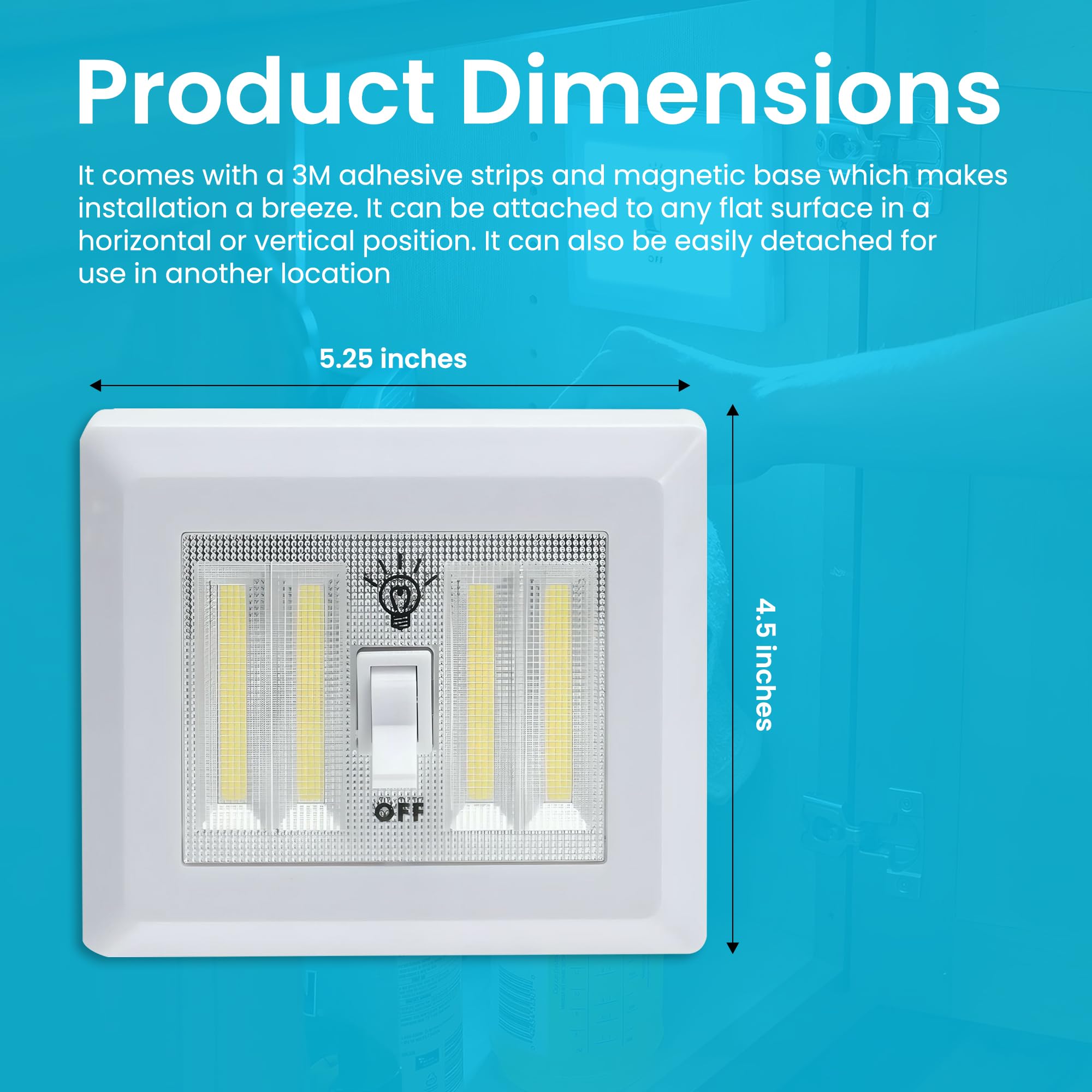 AlltroLite LED Closet Light Switch - 400 Lumen Wireless COB Night Light, XL White, Battery Powered, Model 08-1714, Stick-On Magnetic Design
