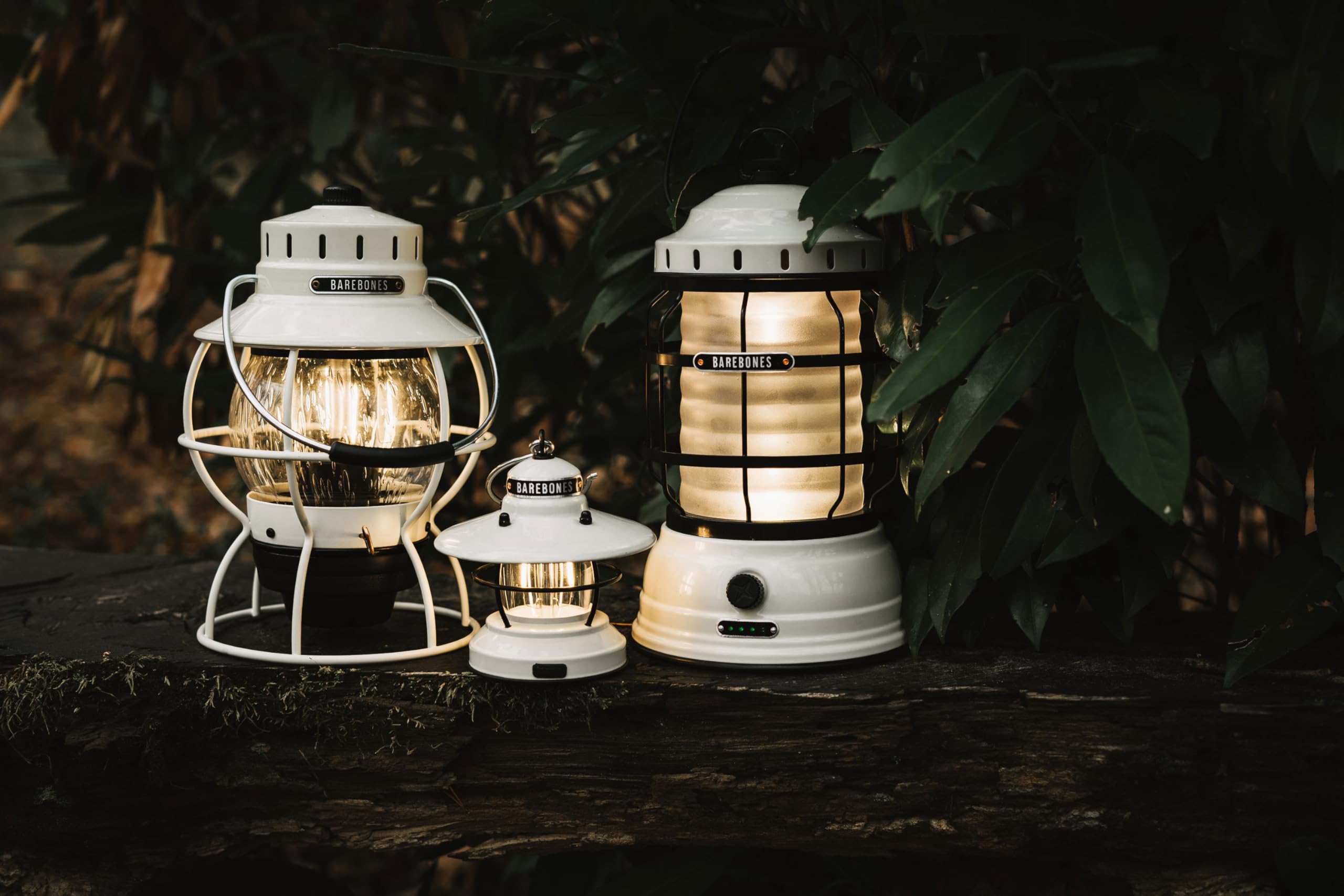 Barebones Forest Lantern - Vintage White LED Lantern, Adjustable Brightness, Battery Operated, Model BARE162