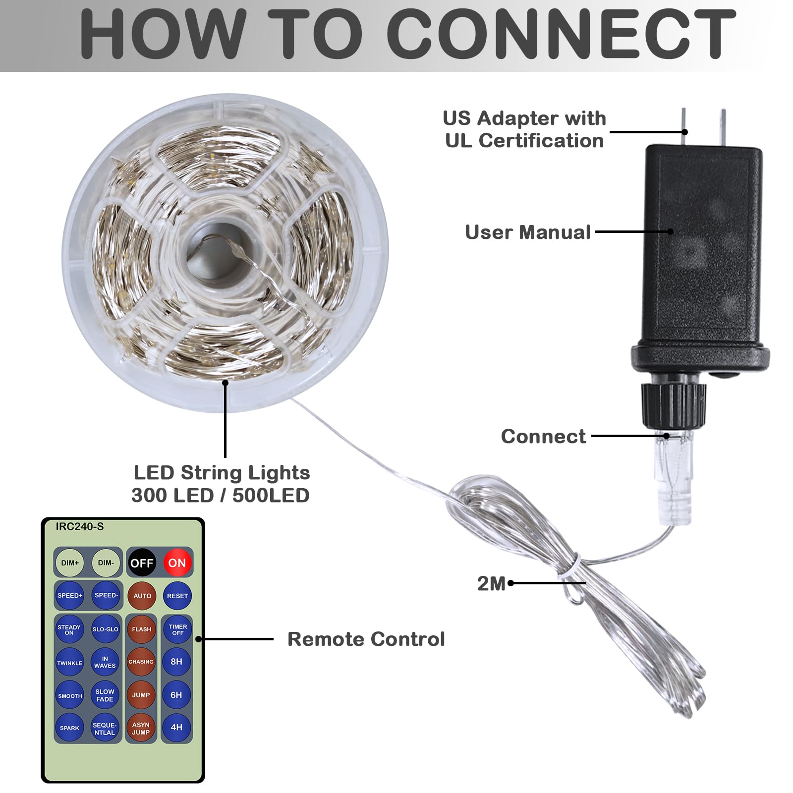 Decute 500LED Fairy String Lights - Warm White Copper Wire, Indoor/Outdoor, Remote Control, Model RKP-UL120500DP-2, Perfect for Decor