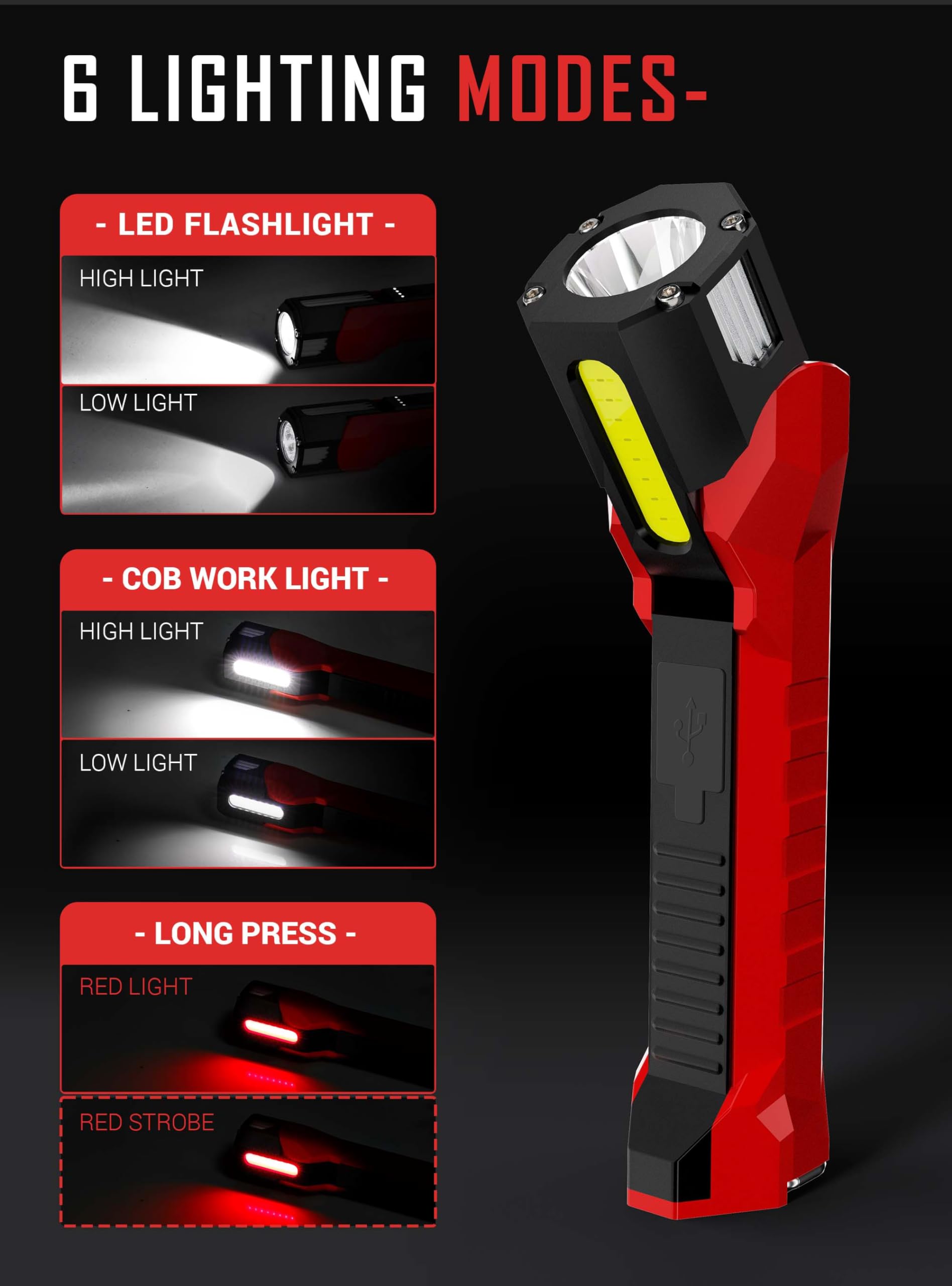 Anhay Rechargeable Work Light, 1200 Lumens Magnetic Work Light With 160° Rotating Swivel Head, Led Work Light, 6 Lighting Modes Mechanic Light For Car Repairing, Emergency