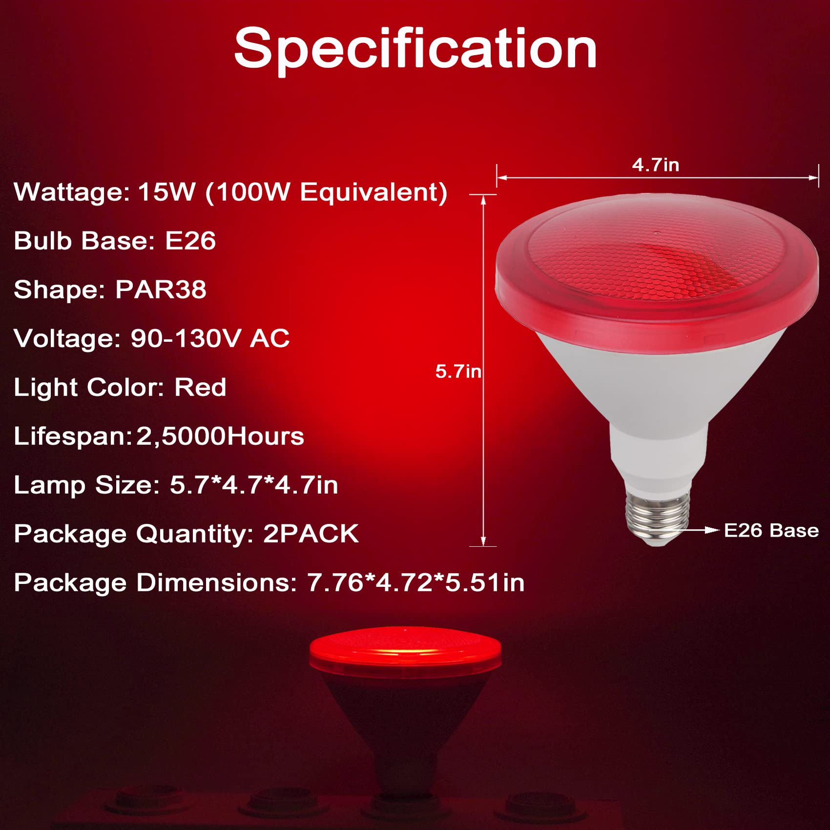 Ciciny Par38 Red Flood Light Bulb - 15W (100Watt Equivalent) - E26 Base Led Flood Lights 2 Pack, Party Decoration, Porch, Home &