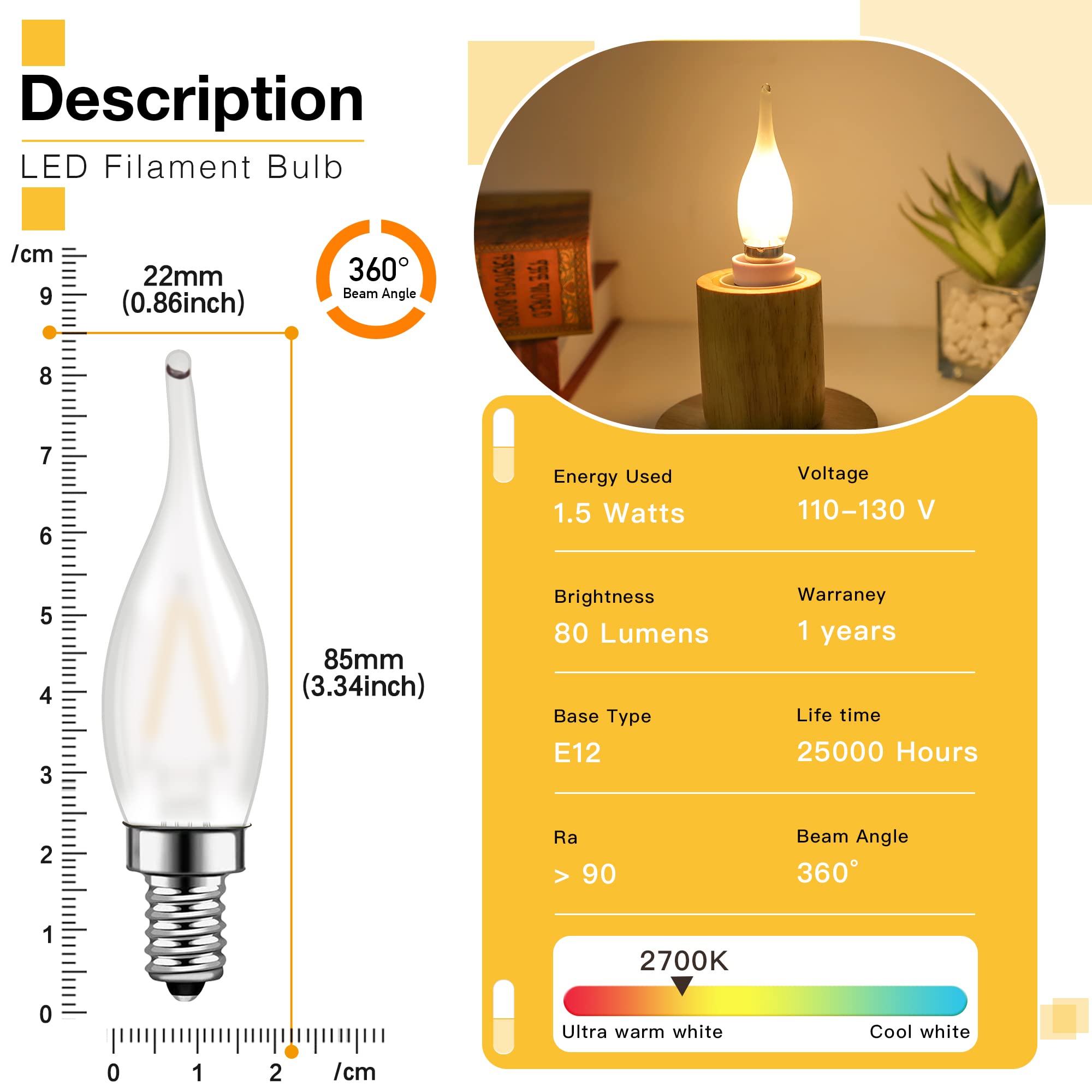 Genixgreen Frosted Led Candelabra Bulbs, Night Light Bulb 15 Watt Equivalent 1.5W E12 Mini Candle Bulb Low Wattage Flame Bent Ti
