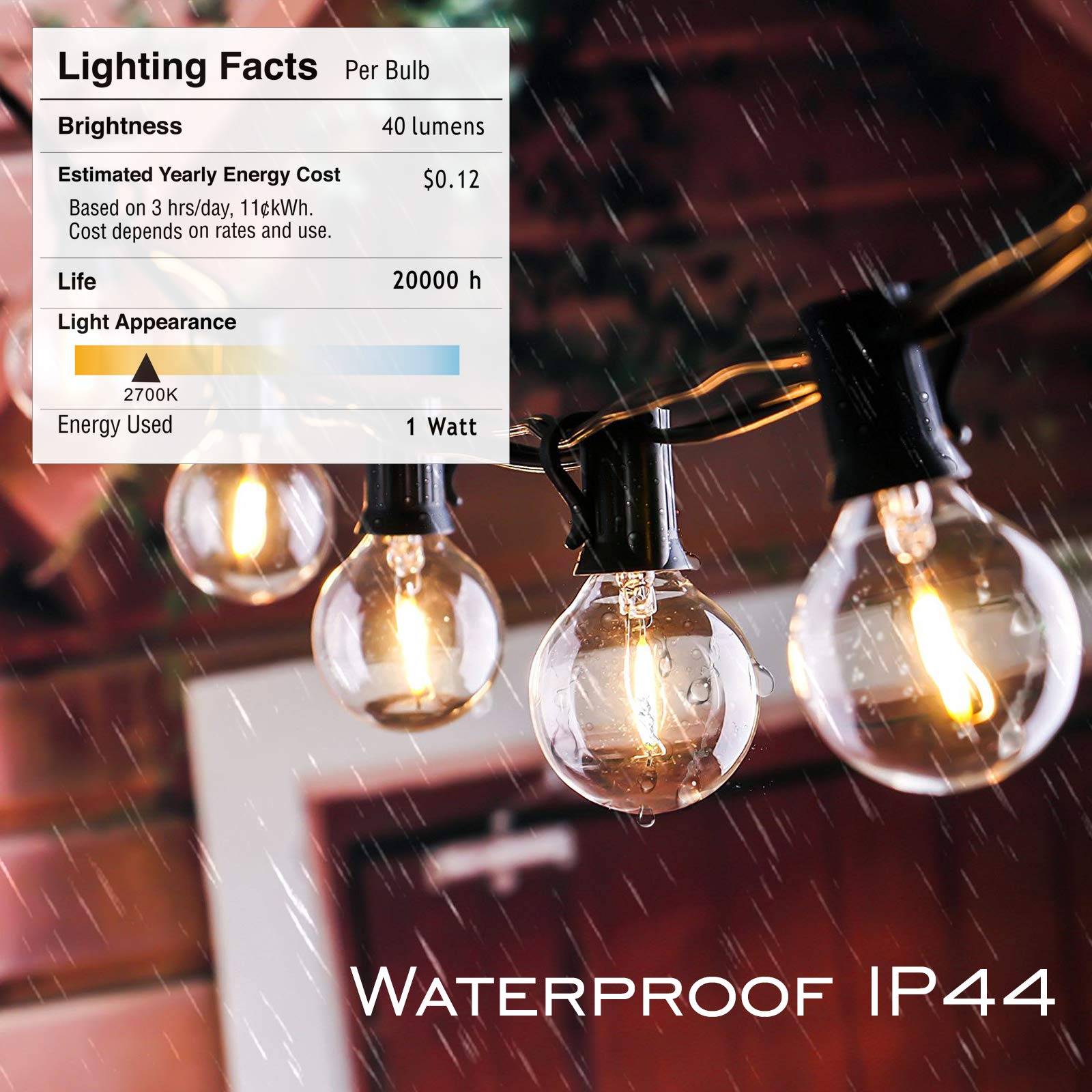 Damaing 100Ft Globe String Lights - 52 Dimmable G40 Led Bulbs, Waterproof, Black, Warm Glow