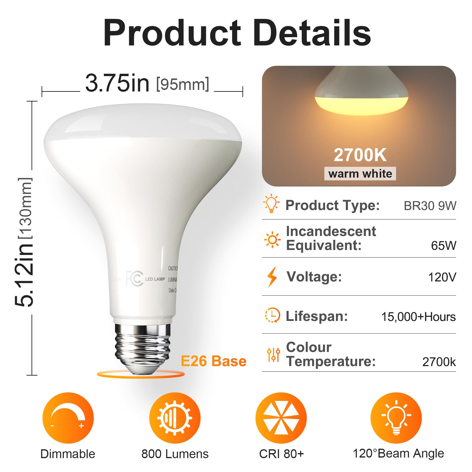 Tjoy 12 Pack Br30 Led Bulb 65W Equivalent, Dimmable Led Flood Light Indoor, E26 Base, 2700K Warm White, 9W, 800 Lm, Recessed Lighting Bulbs For Ceiling, Recessed Can, Living Room And Kitchen