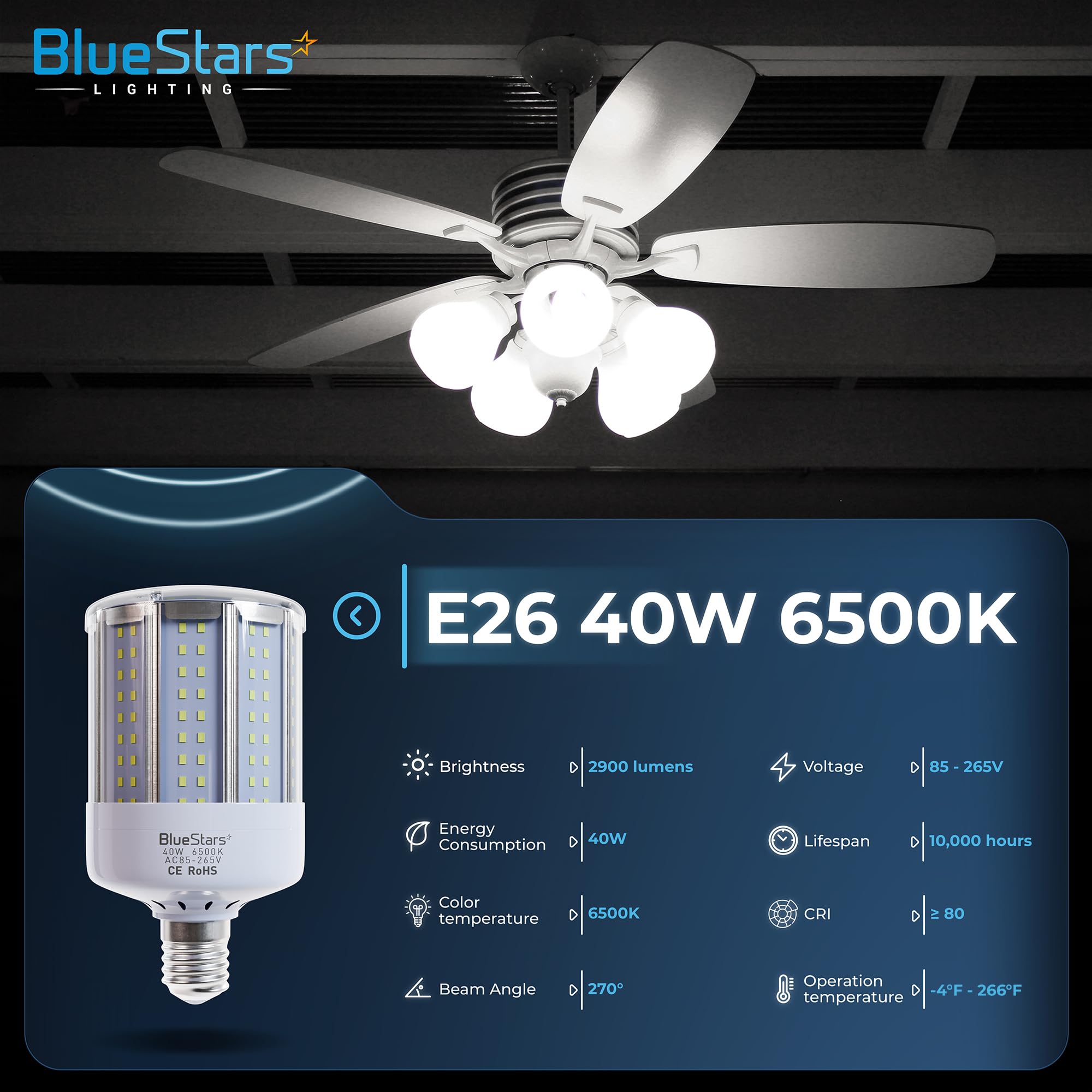 BlueStars 2-Pack 40W E26 LED Corn Light Bulbs, 2900 Lumens, Cool White 6500K, Medium Base, Plastic
