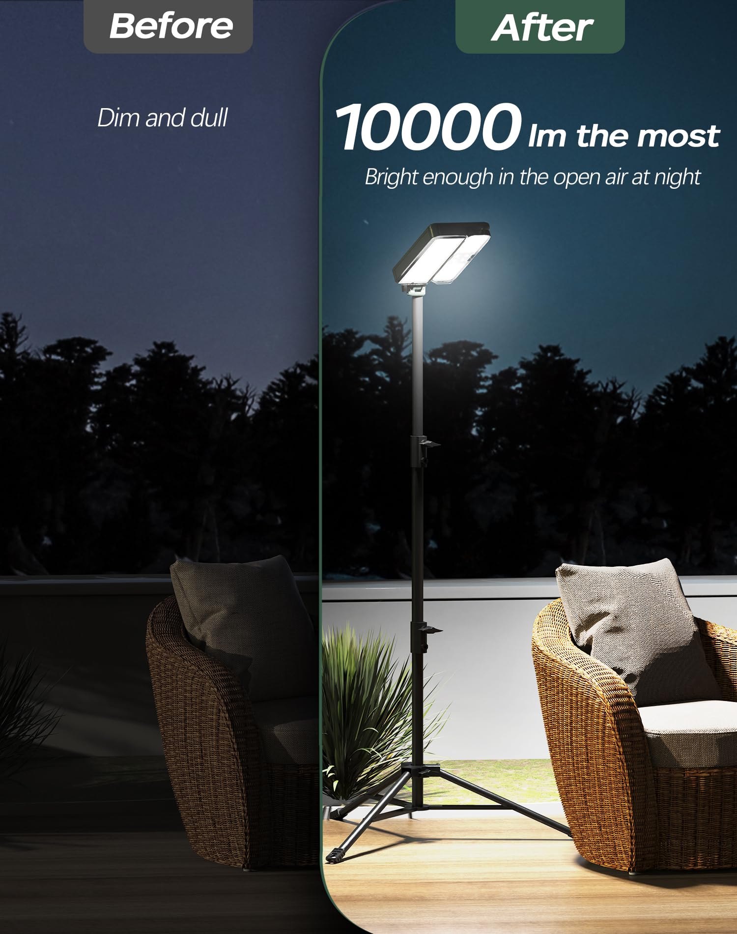 Kialush 10000Lm Dimmable Rechargeable Work Light, 15000Mah Work Light 72'' Telescopic With 2 Separate Lights, 2 Charge Ways Type