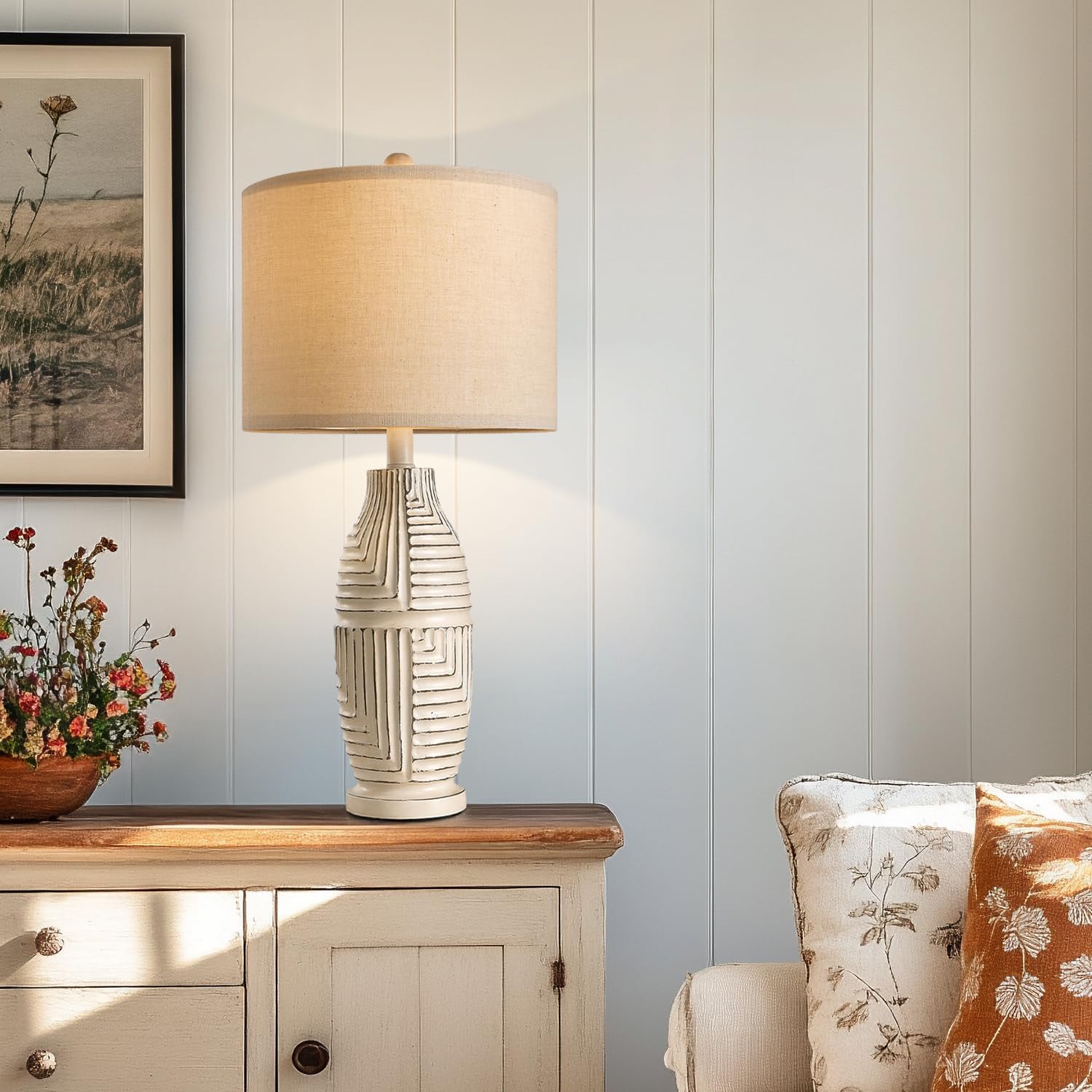 Bobomomo 25'' Farmhouse Table Lamp Set Of 2 Vintage Rustic Lamps For Living Room, Resin Bedside Nightstand Lamps With Linen Lamp